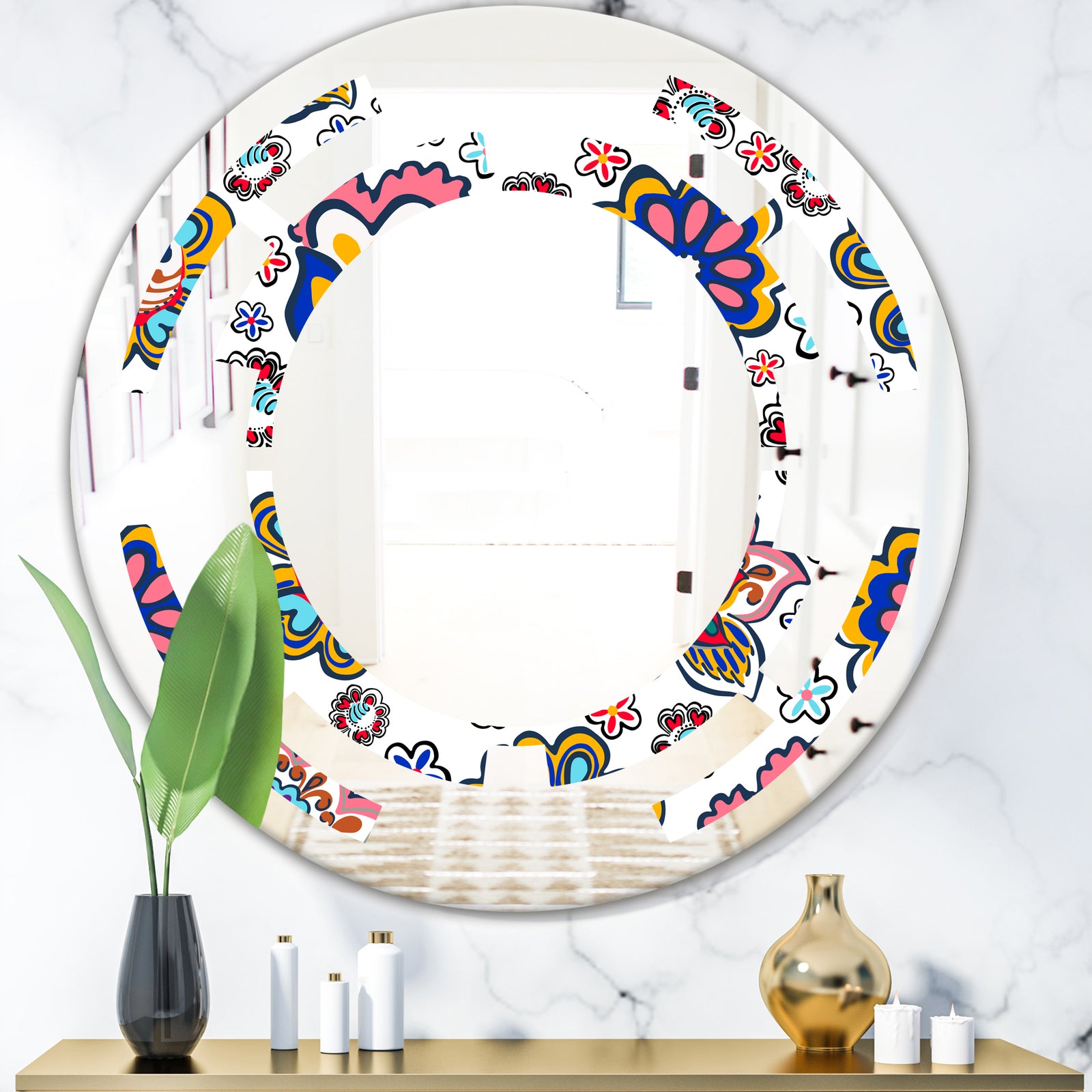 Retro handdrawn flowers II - Modern Round or Oval Wall Mirror - Space