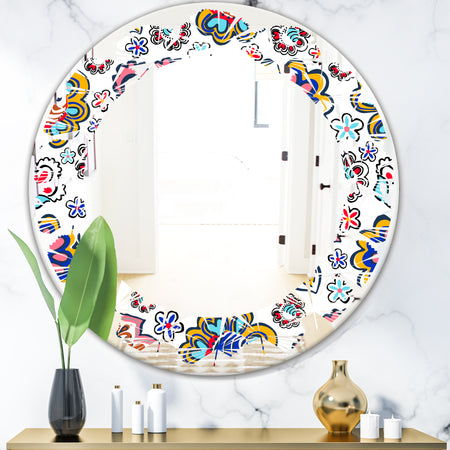 Retro handdrawn flowers II - Modern Round or Oval Wall Mirror - Leaves