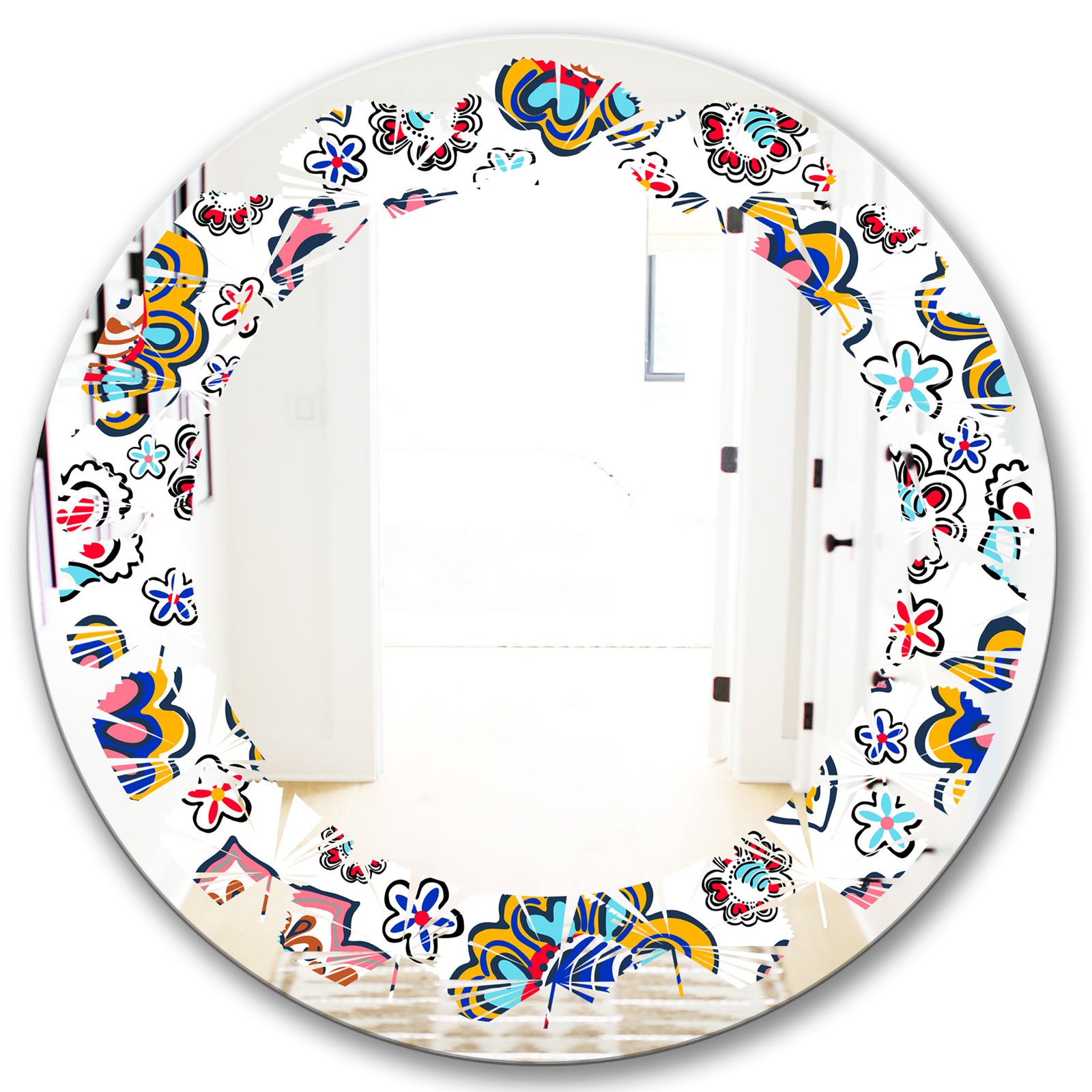 Retro handdrawn flowers II - Modern Round or Oval Wall Mirror - Leaves
