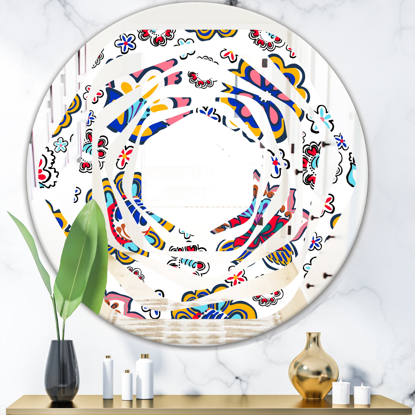 Retro handdrawn flowers II - Modern Round or Oval Wall Mirror - Whirl