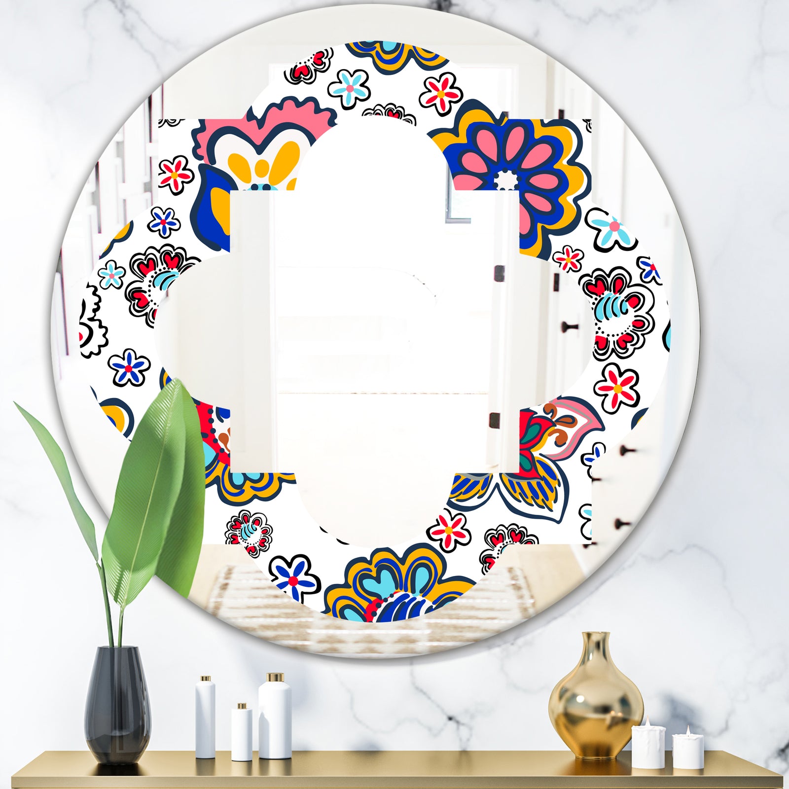 Retro handdrawn flowers II - Modern Round or Oval Wall Mirror - Quatrefoil