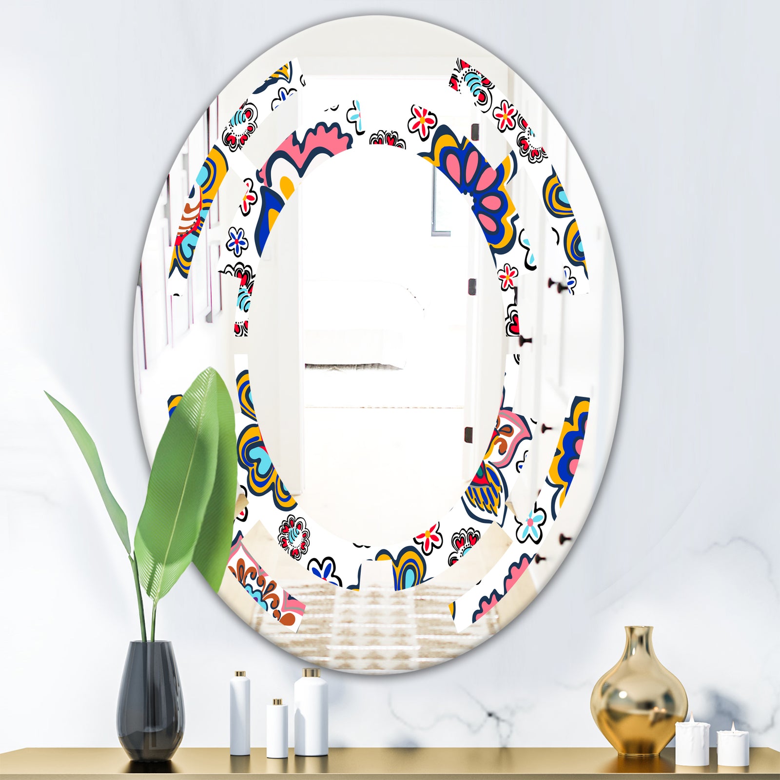 Retro handdrawn flowers II - Modern Round or Oval Wall Mirror - Space