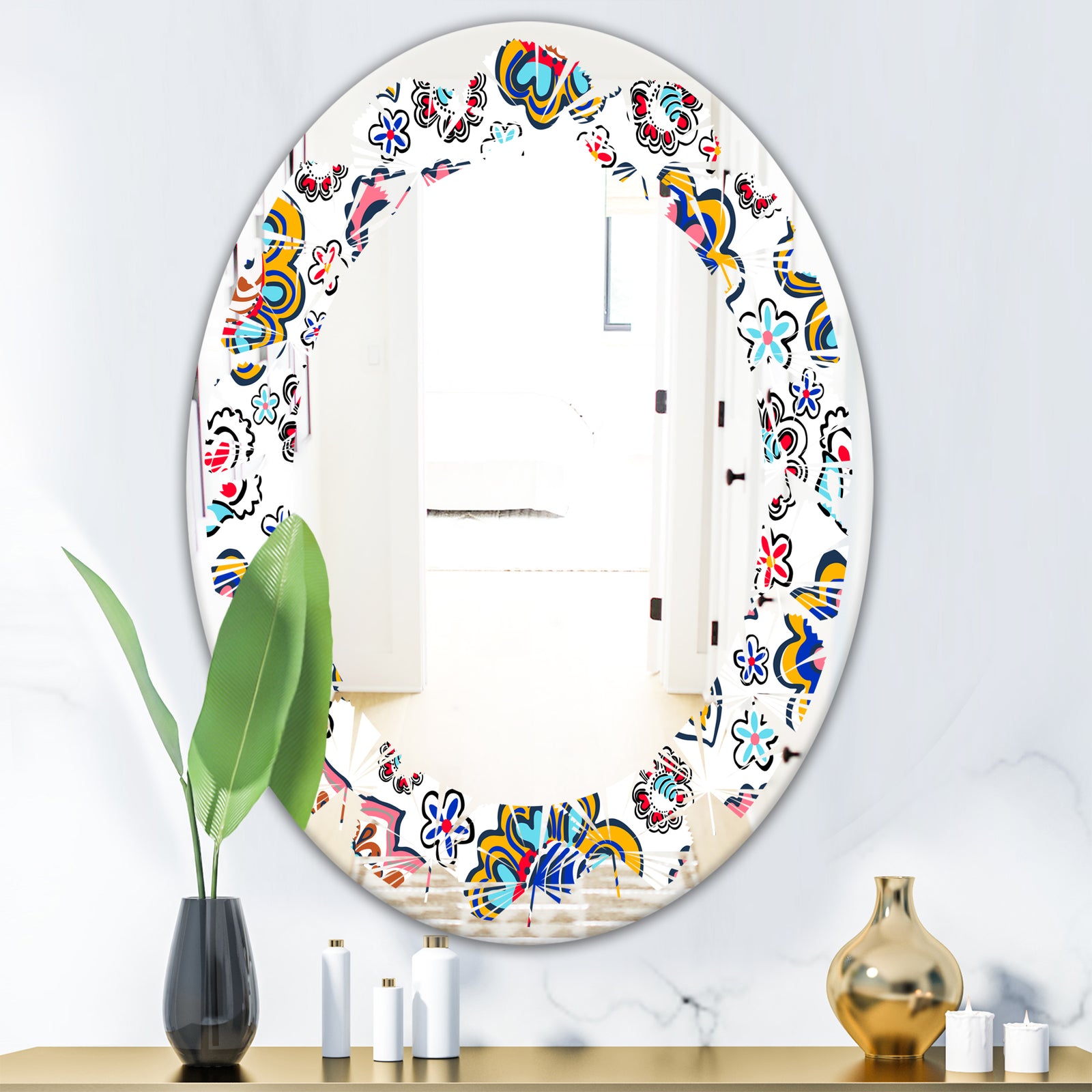 Retro handdrawn flowers II - Modern Round or Oval Wall Mirror - Leaves