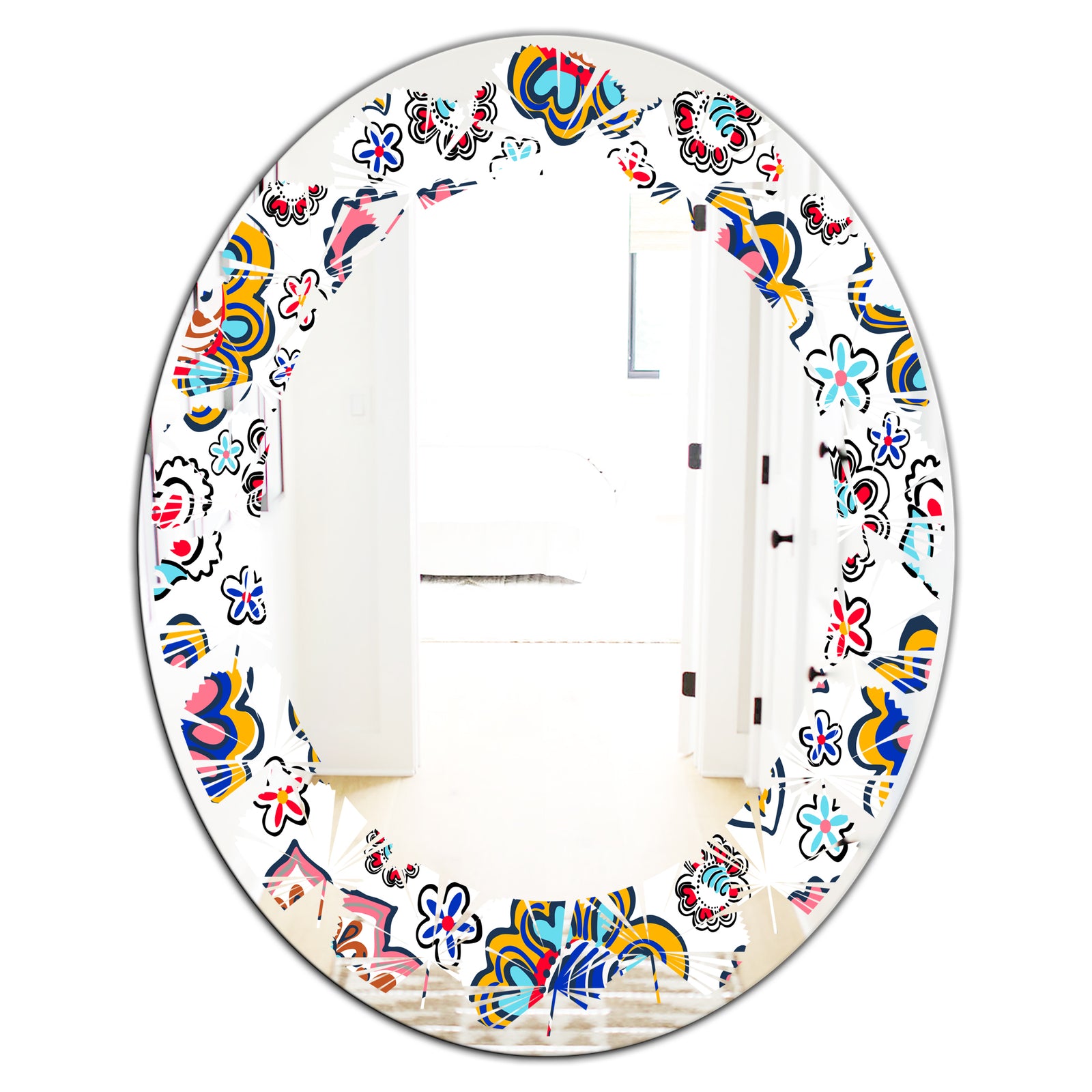 Retro handdrawn flowers II - Modern Round or Oval Wall Mirror - Leaves