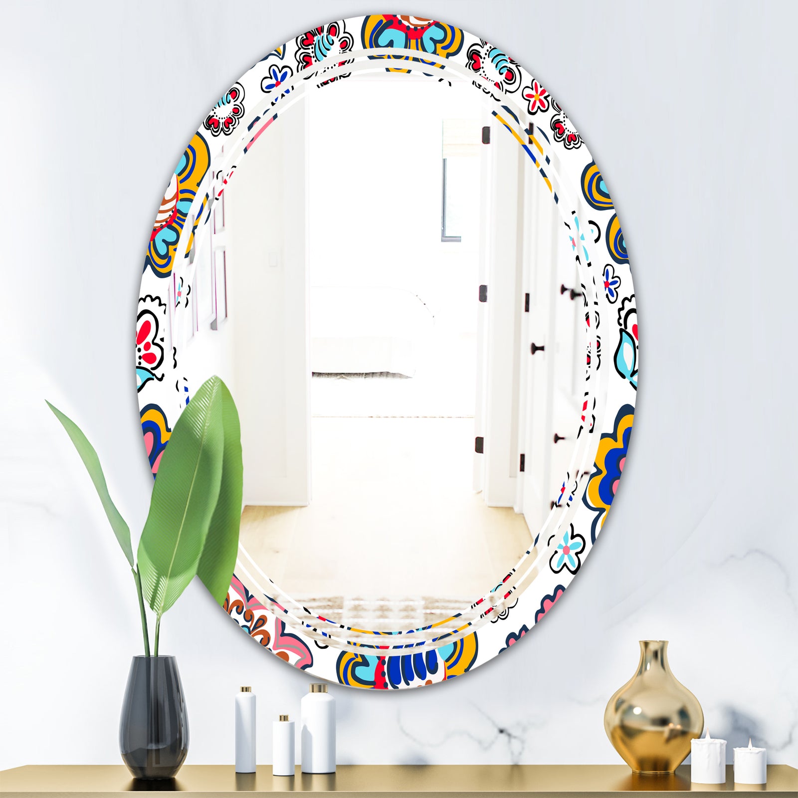 Retro handdrawn flowers II - Modern Round or Oval Wall Mirror - Triple C