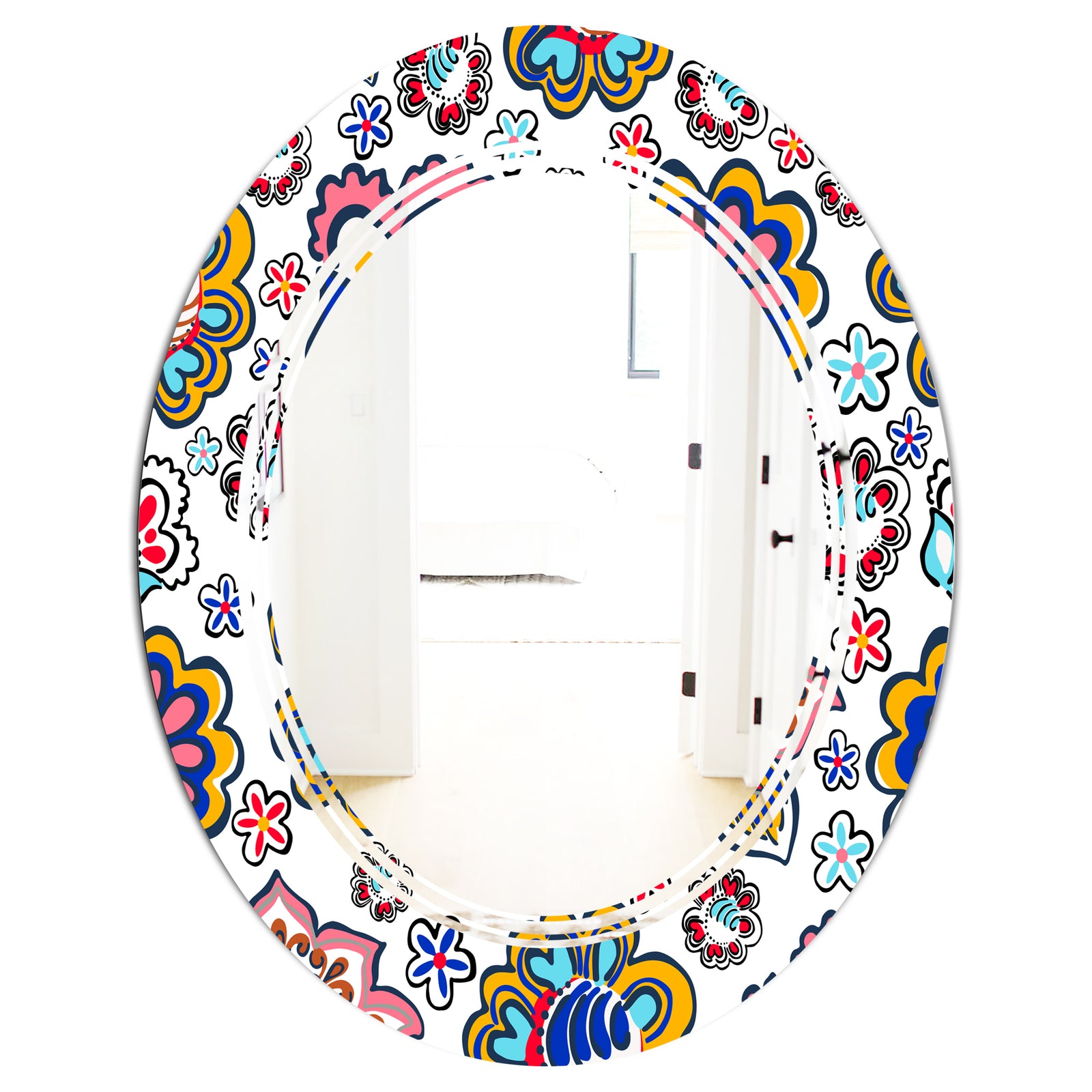 Retro handdrawn flowers II - Modern Round or Oval Wall Mirror - Triple C