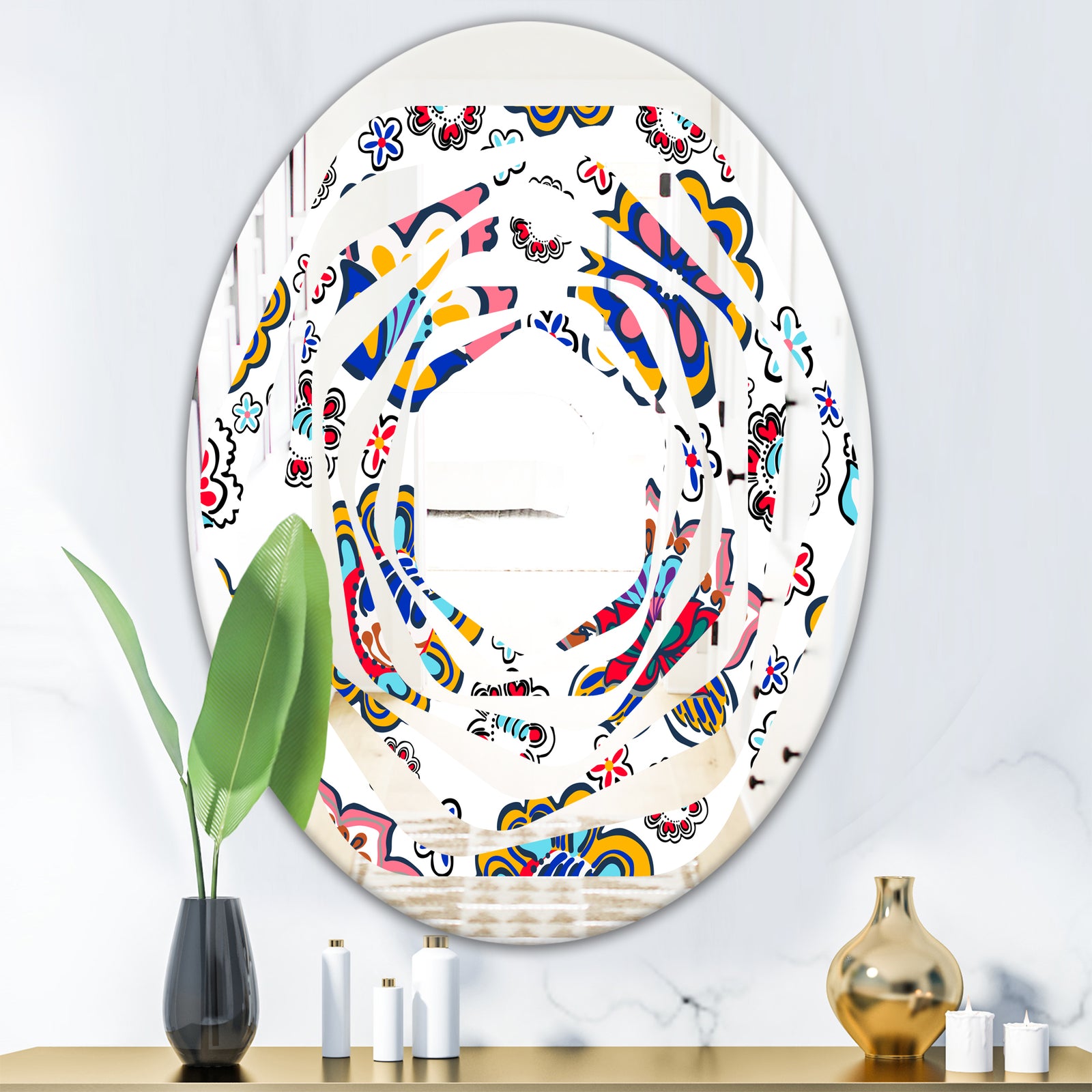 Retro handdrawn flowers II - Modern Round or Oval Wall Mirror - Whirl