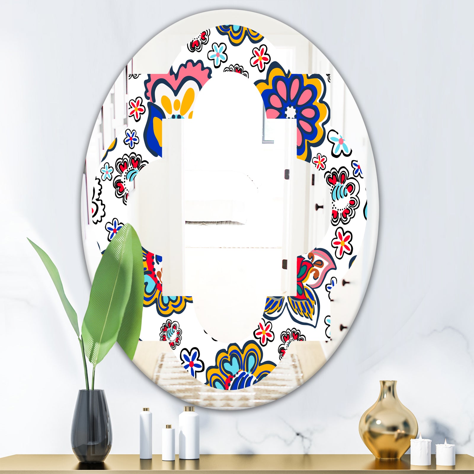 Retro handdrawn flowers II - Modern Round or Oval Wall Mirror - Quatrefoil