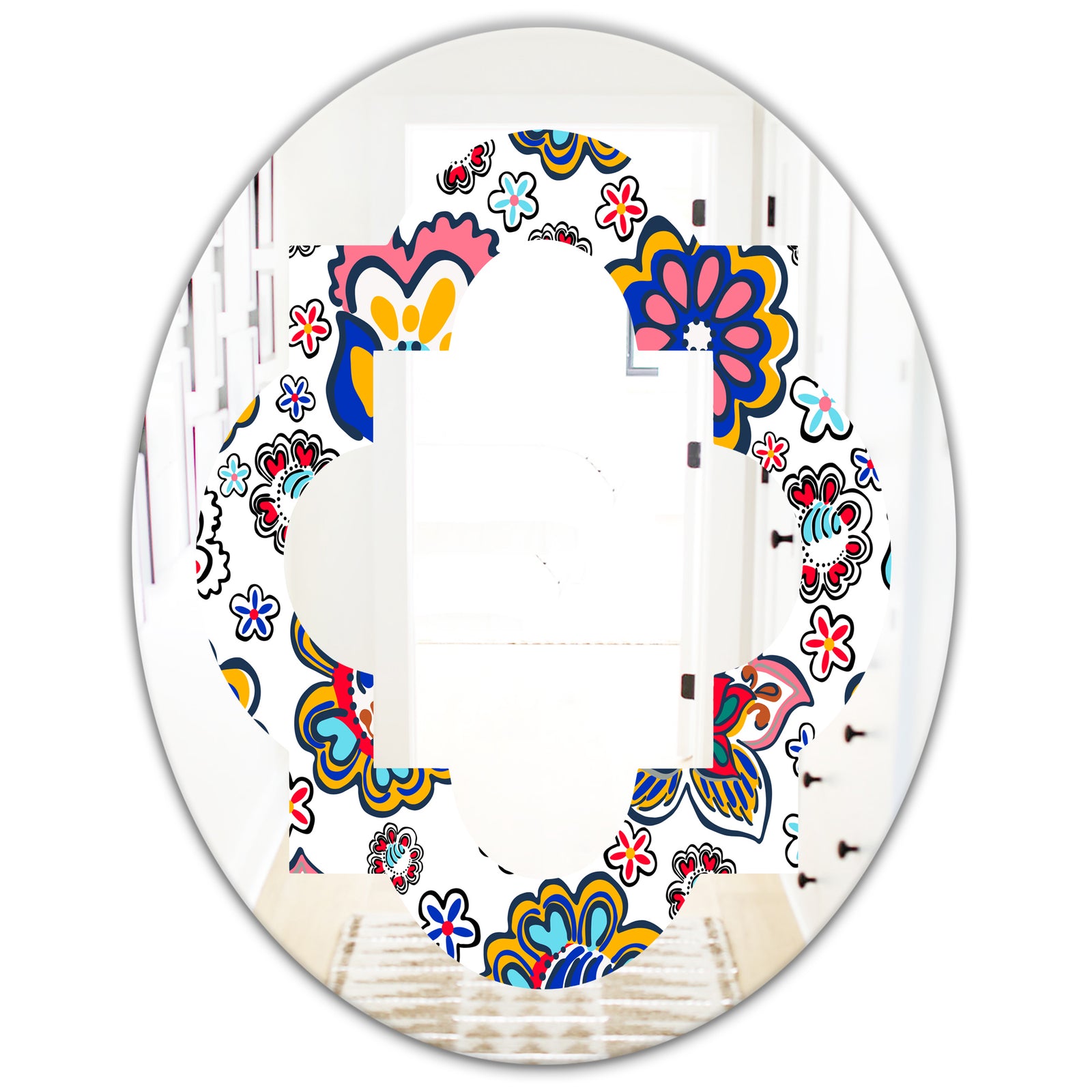 Retro handdrawn flowers II - Modern Round or Oval Wall Mirror - Quatrefoil