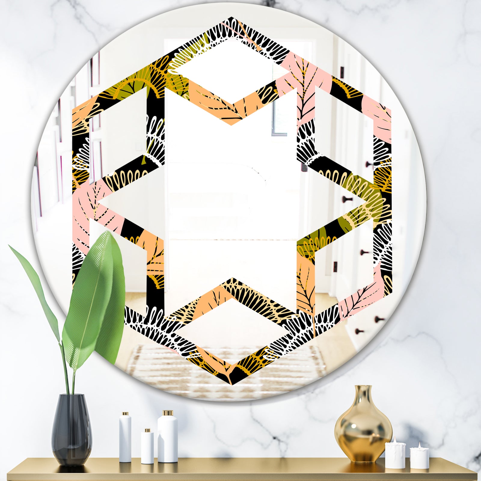 Autumn leaves lace textured pattern - Modern Round or Oval Wall Mirror - Hexagon Star