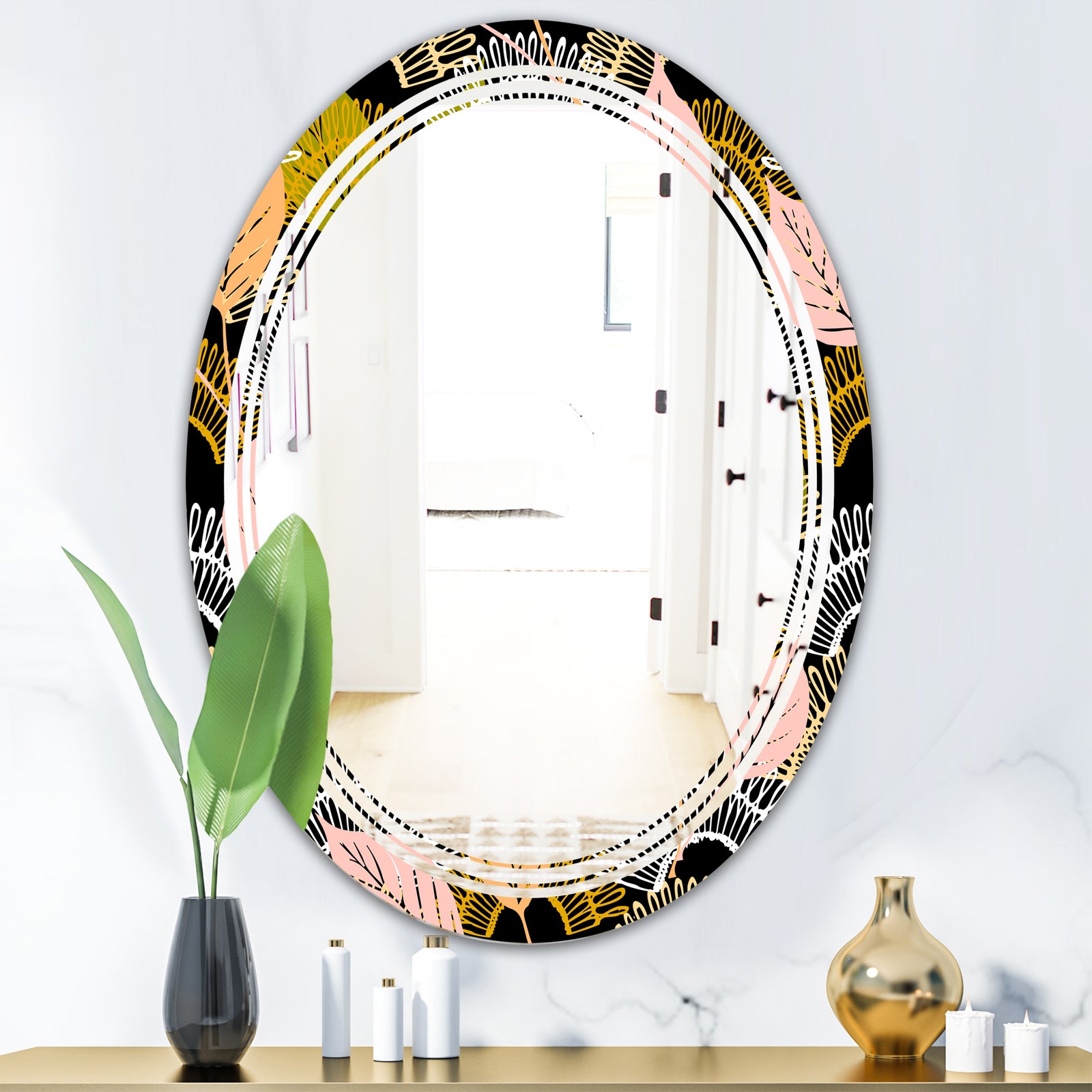 Autumn leaves lace textured pattern - Modern Round or Oval Wall Mirror - Triple C