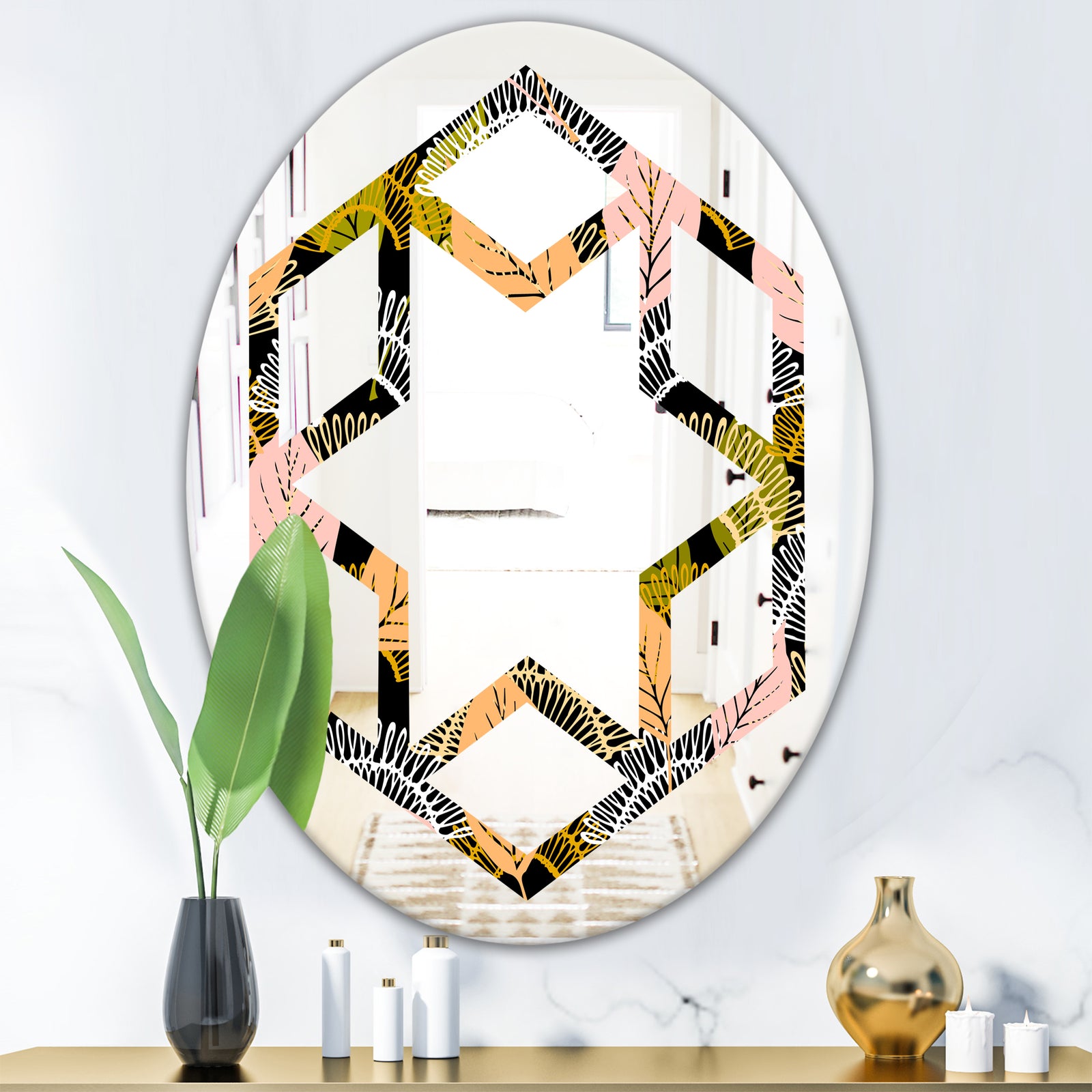 Autumn leaves lace textured pattern - Modern Round or Oval Wall Mirror - Hexagon Star