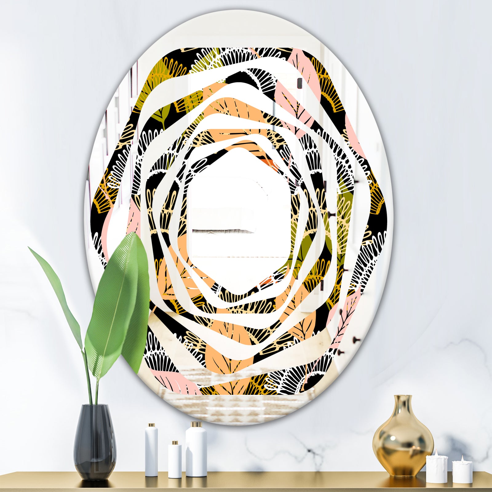 Autumn leaves lace textured pattern - Modern Round or Oval Wall Mirror - Whirl