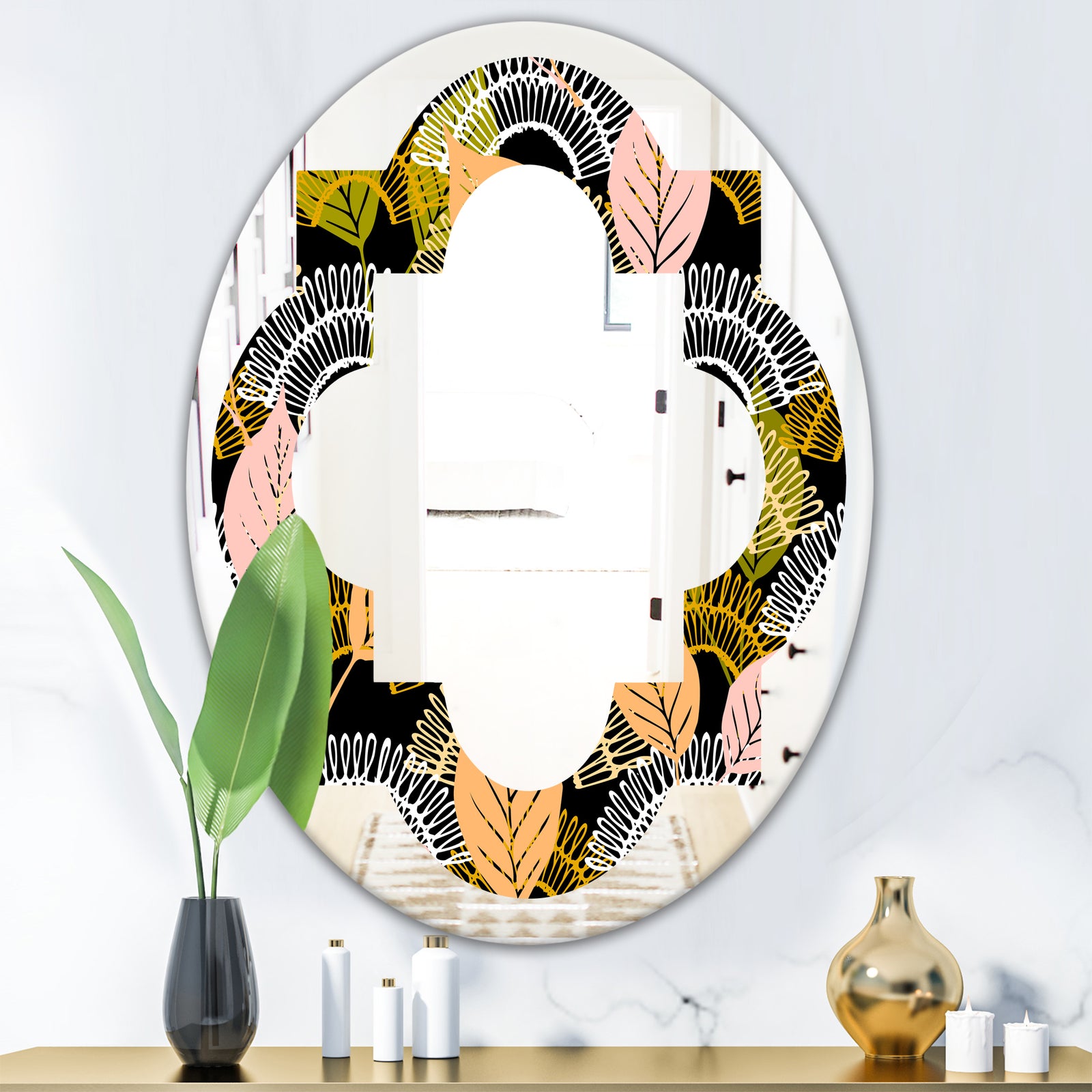 Autumn leaves lace textured pattern - Modern Round or Oval Wall Mirror - Quatrefoil