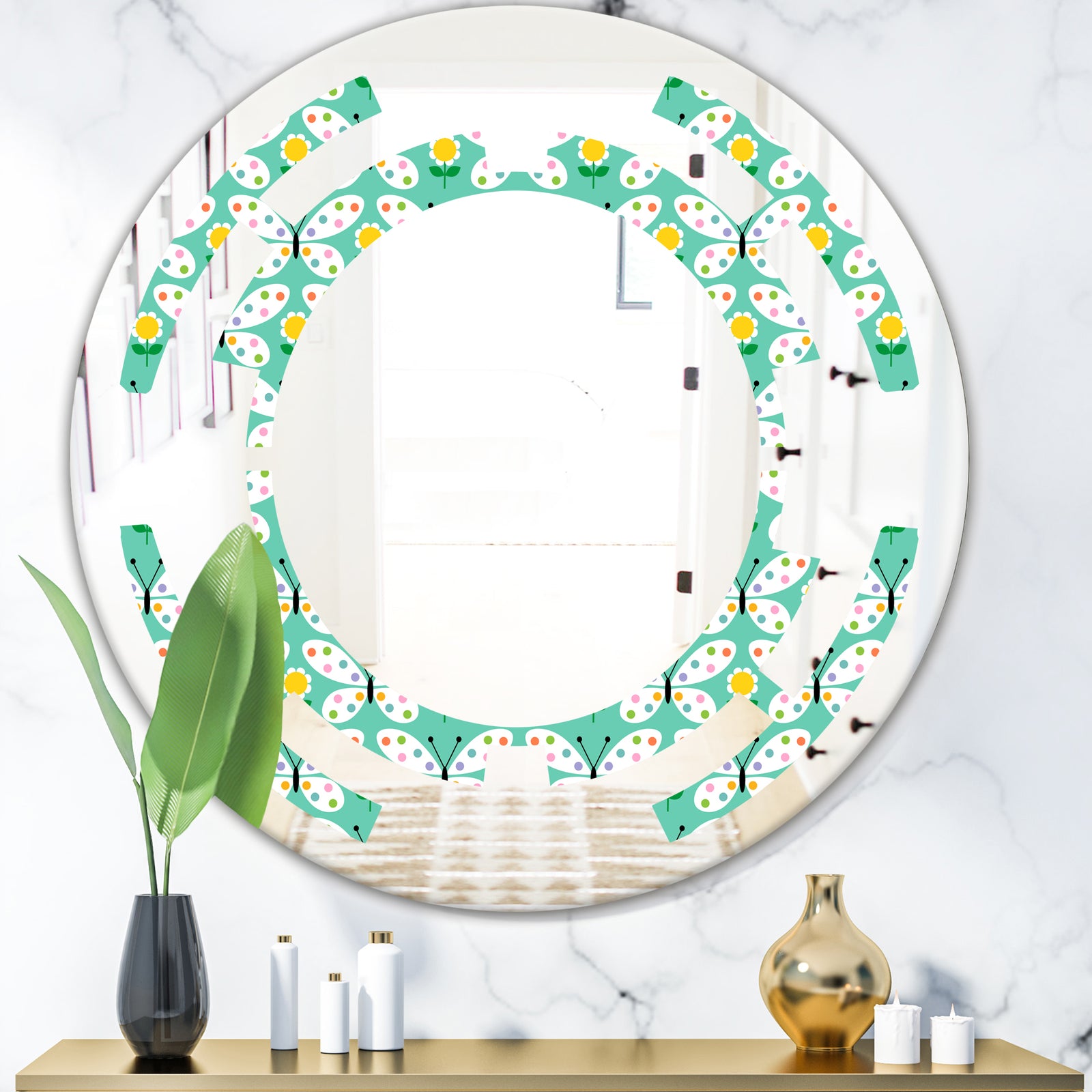 Retro Butterflies I - Modern Round or Oval Wall Mirror - Space