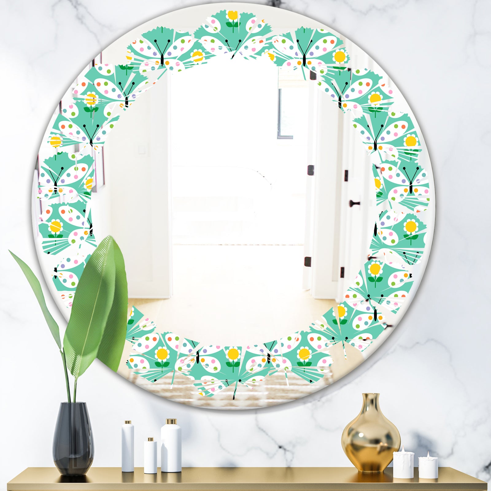 Retro Butterflies I - Modern Round or Oval Wall Mirror - Leaves