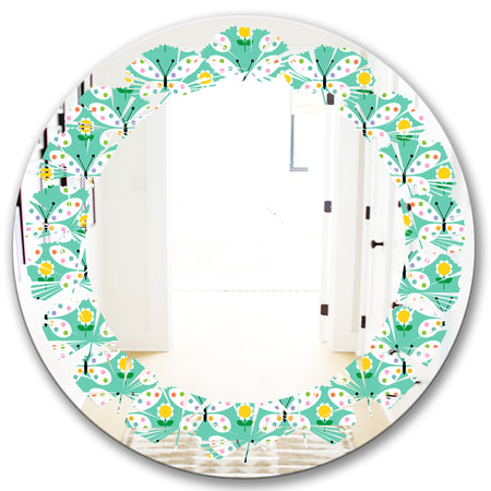 Retro Butterflies I - Modern Round or Oval Wall Mirror - Leaves