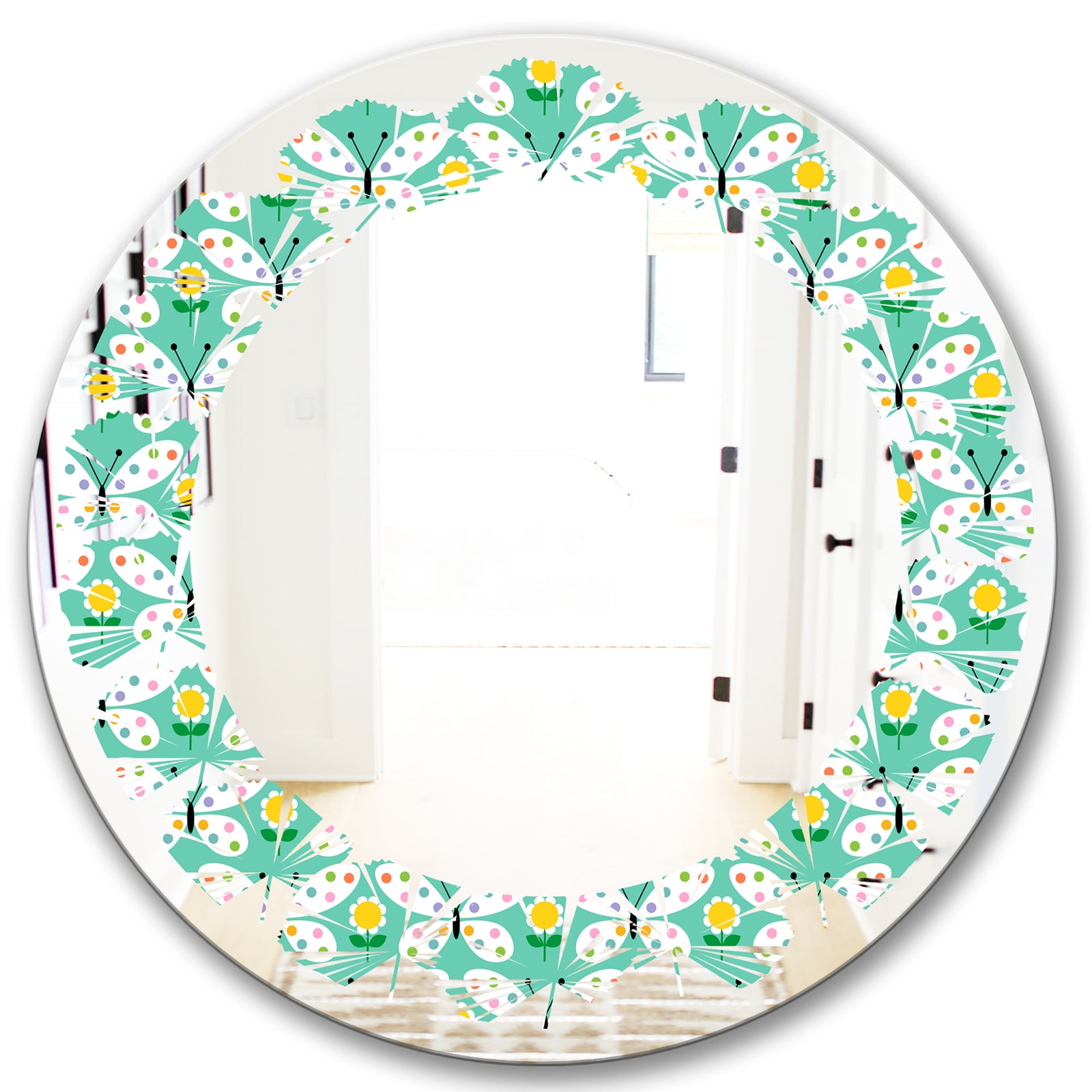 Retro Butterflies I - Modern Round or Oval Wall Mirror - Leaves