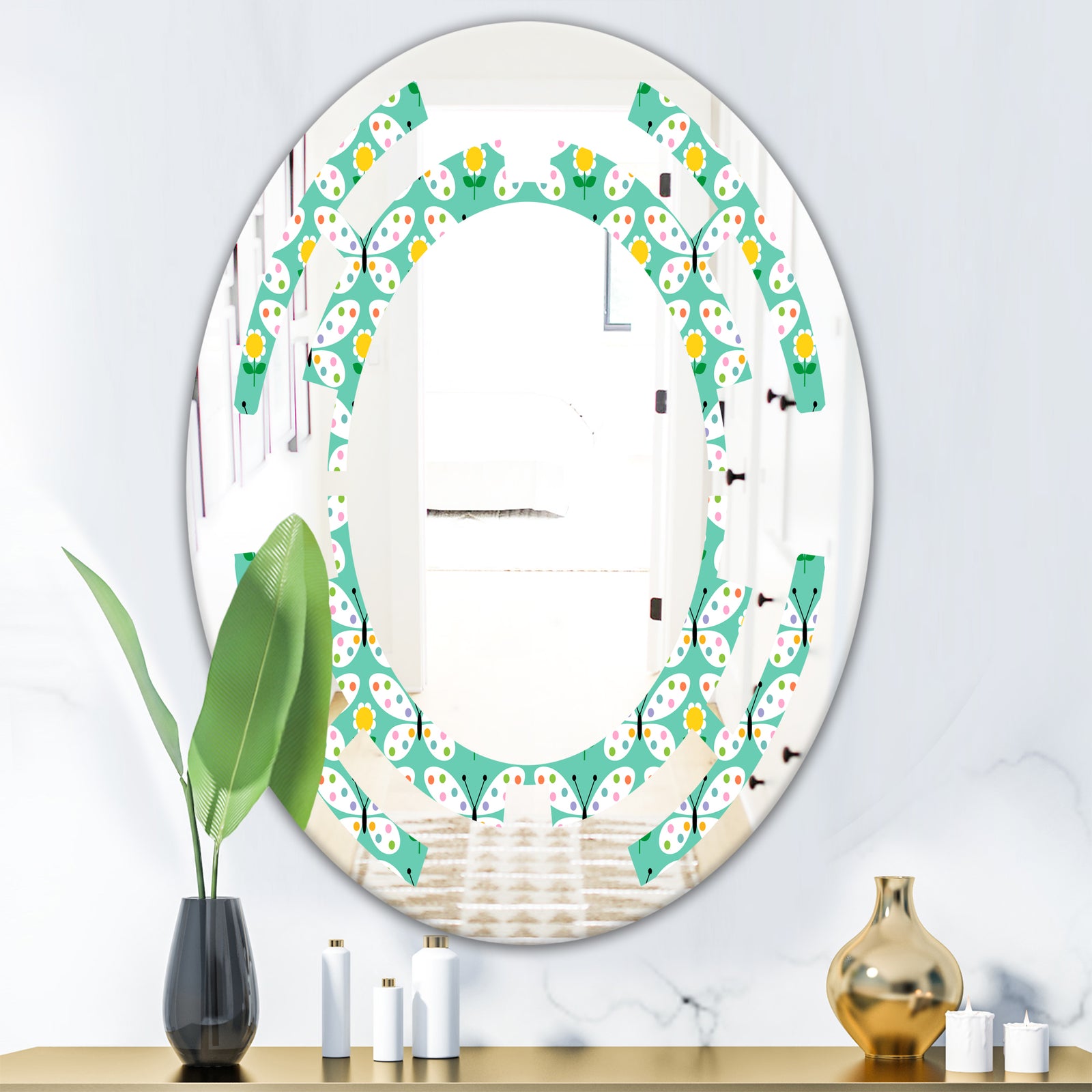 Retro Butterflies I - Modern Round or Oval Wall Mirror - Space