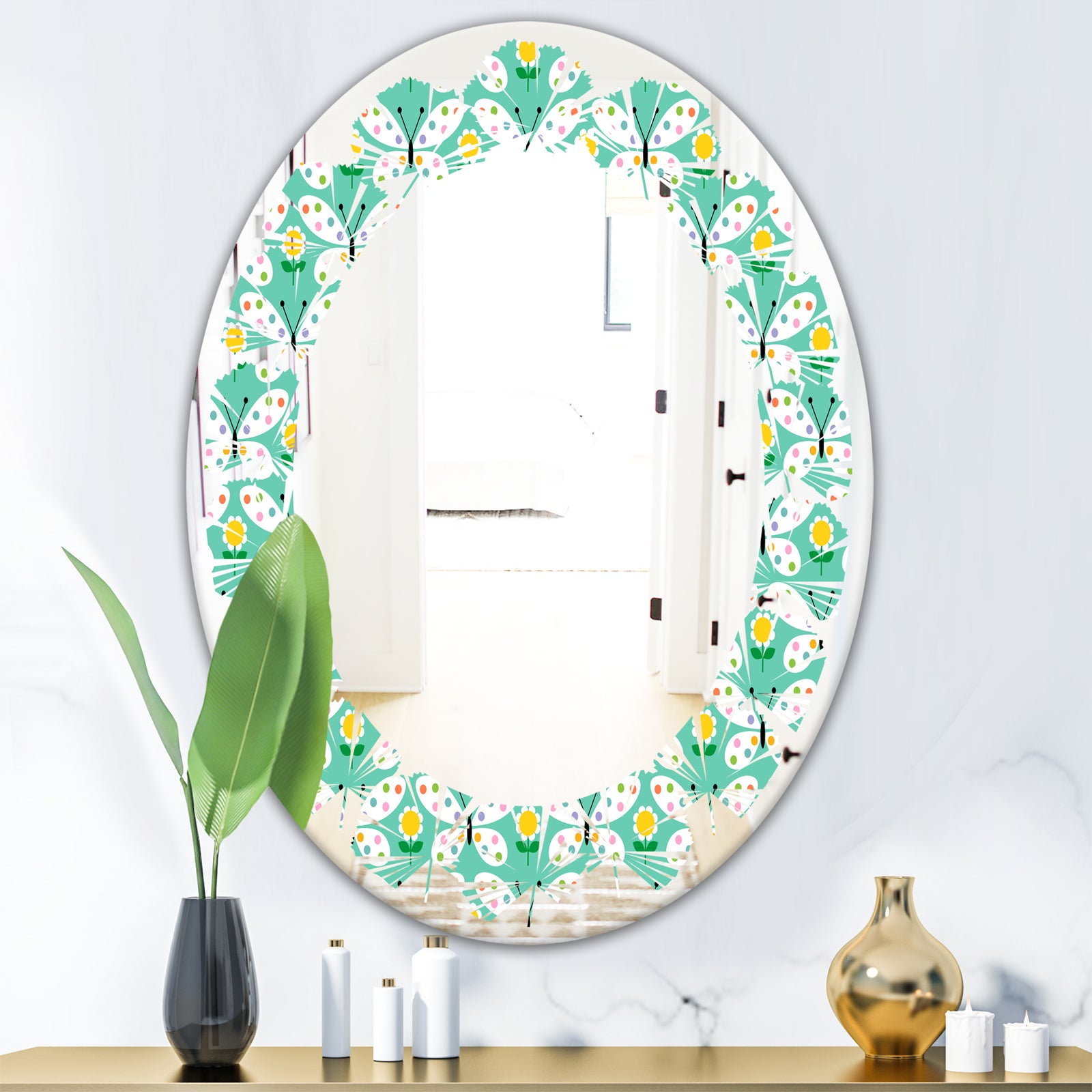 Retro Butterflies I - Modern Round or Oval Wall Mirror - Leaves
