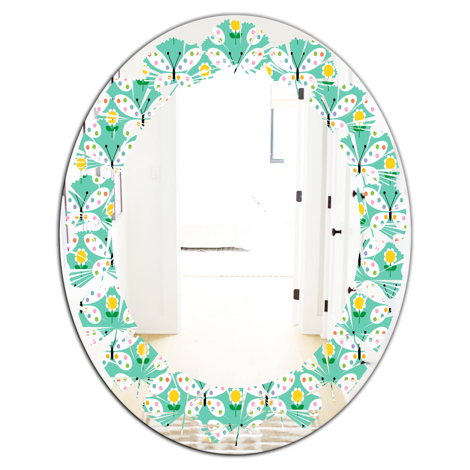 Retro Butterflies I - Modern Round or Oval Wall Mirror - Leaves