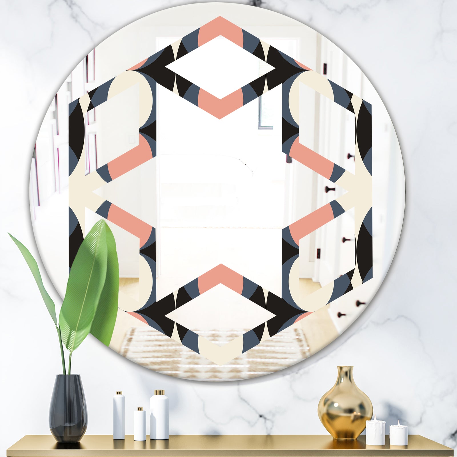 Retro Circular Pattern II - Modern Round or Oval Wall Mirror - Hexagon Star