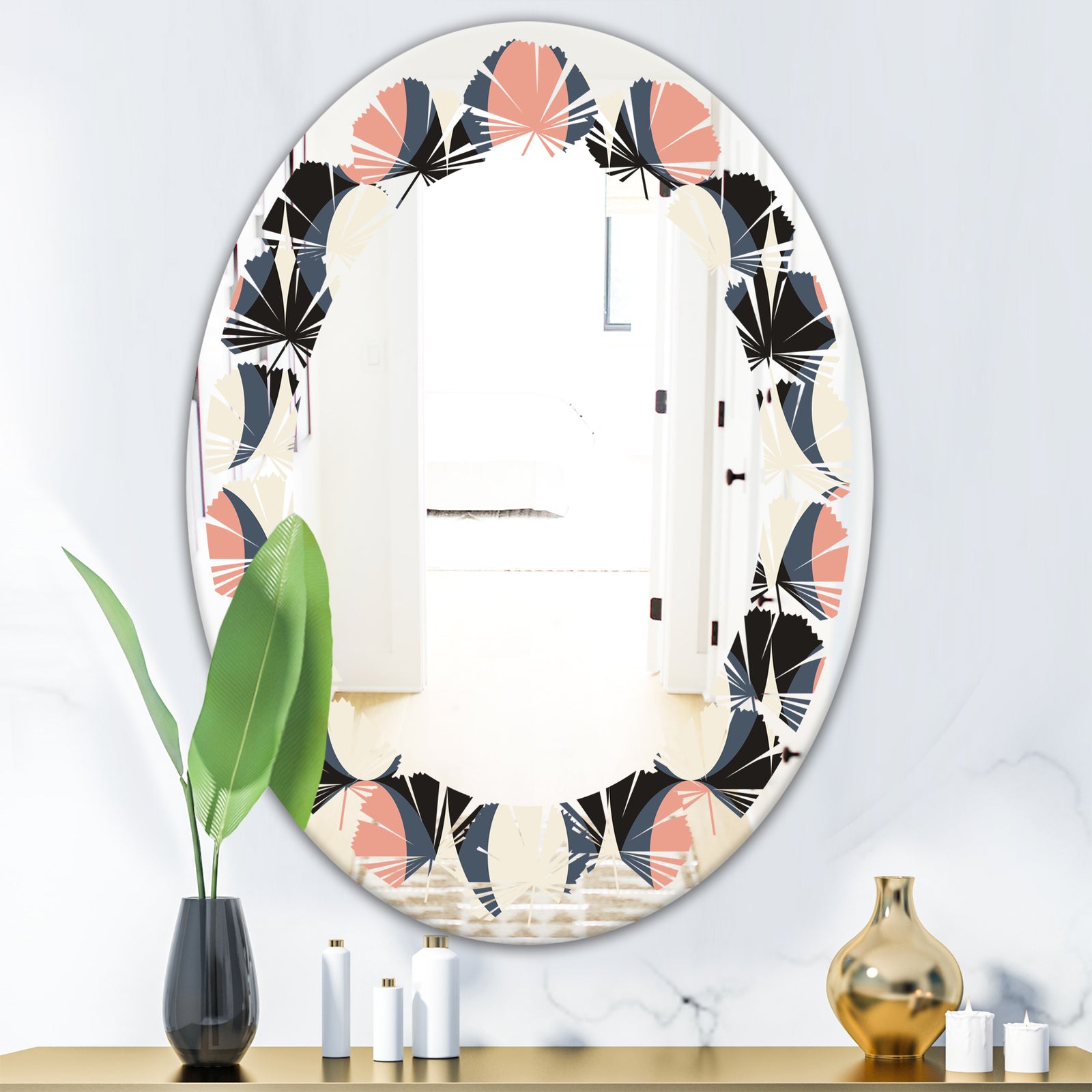 Retro Circular Pattern II - Modern Round or Oval Wall Mirror - Leaves