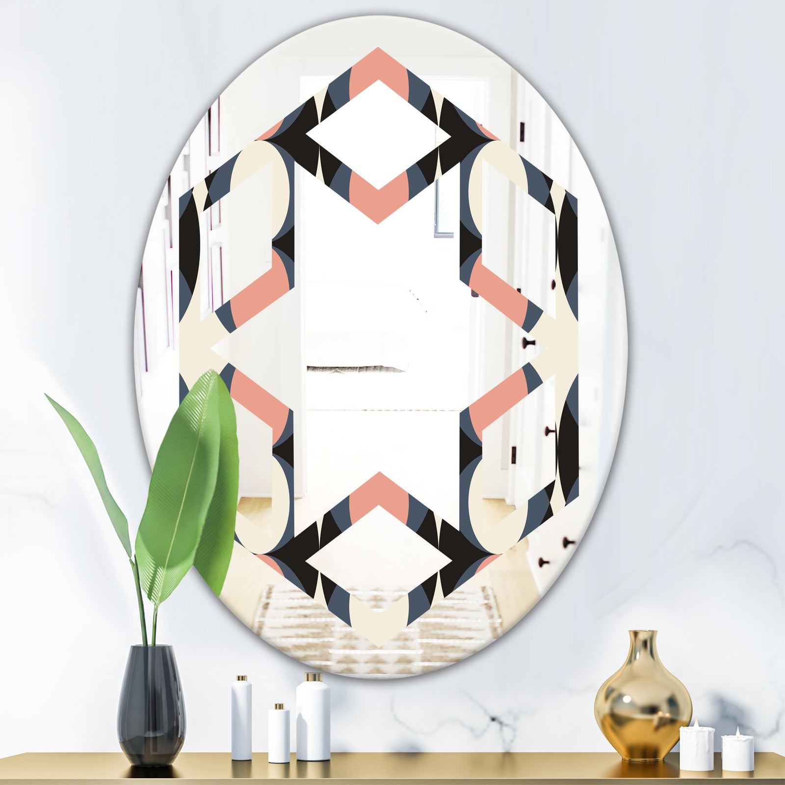 Retro Circular Pattern II - Modern Round or Oval Wall Mirror - Hexagon Star