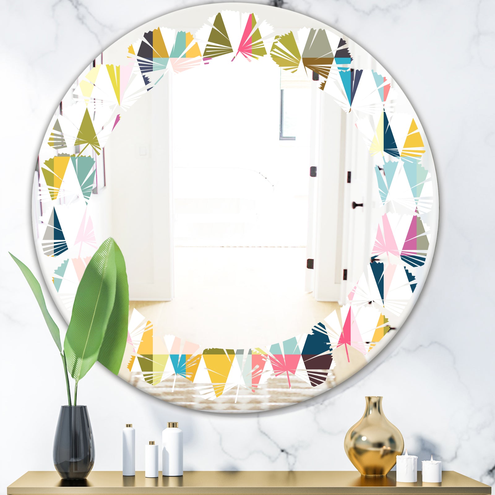 Diamond Retro VII - Modern Round or Oval Wall Mirror - Leaves