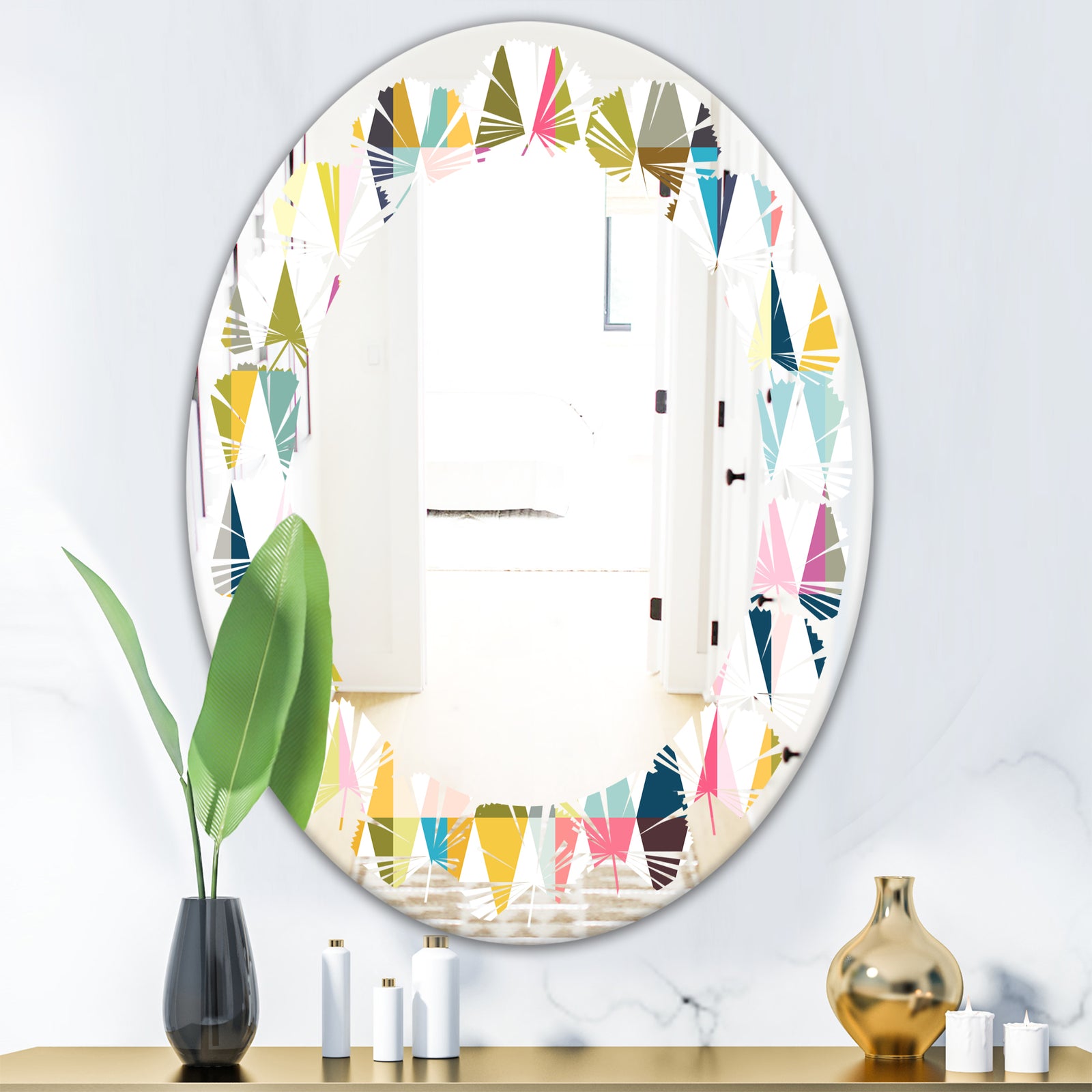 Diamond Retro VII - Modern Round or Oval Wall Mirror - Leaves