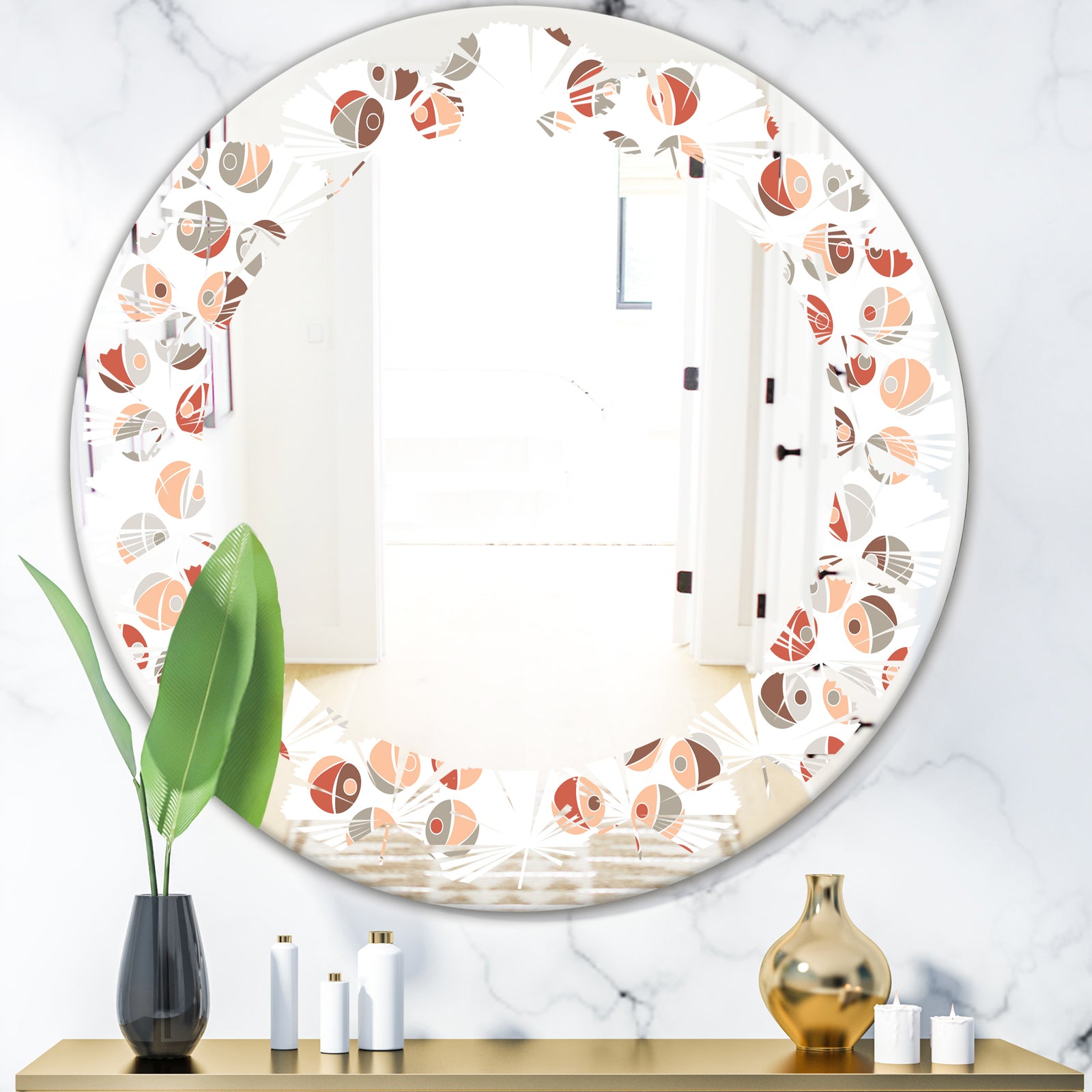 Retro Abstract Design XIX - Modern Round or Oval Wall Mirror - Leaves