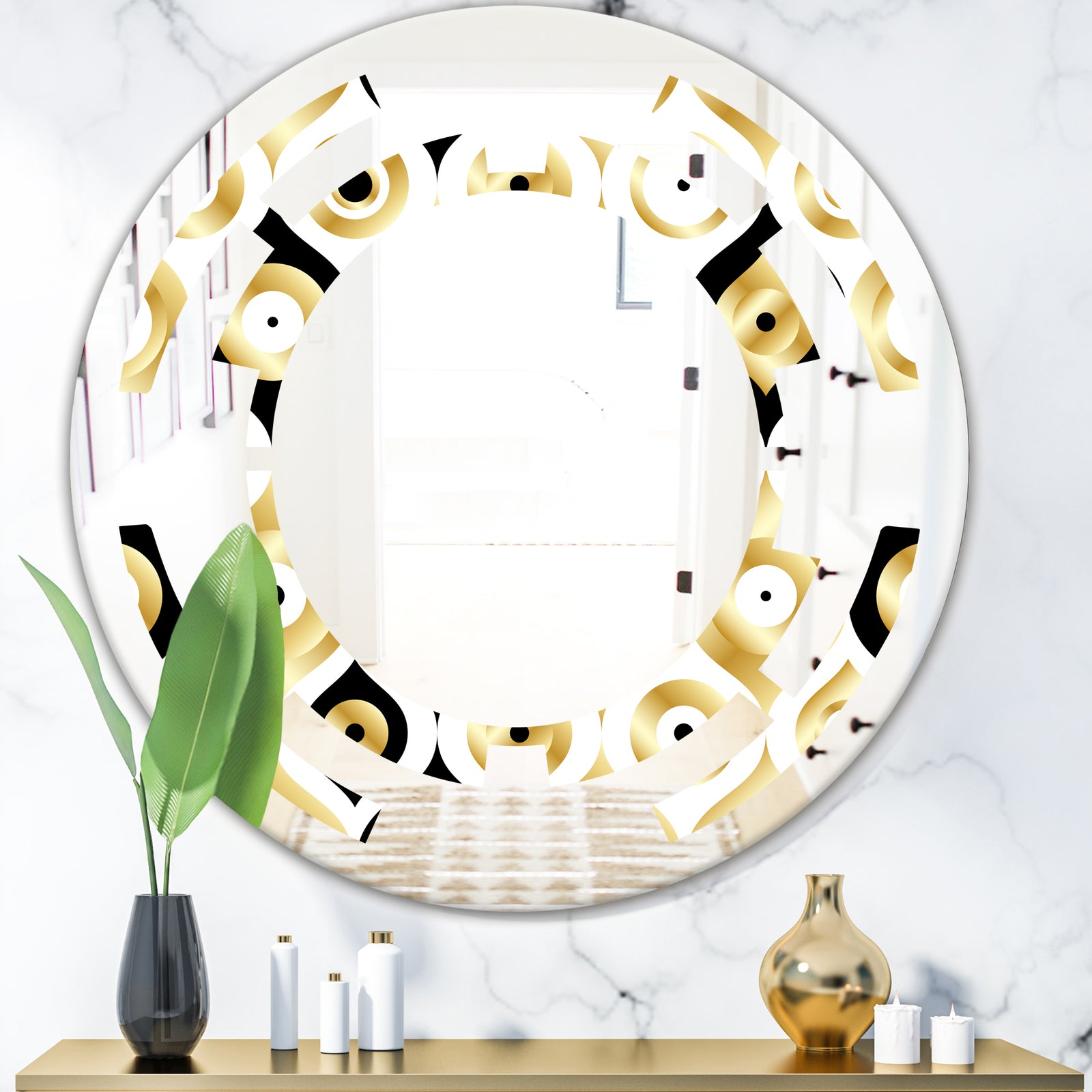 Golden Art Deco Metallic Luxury Geometrics - Modern Round or Oval Wall Mirror - Space