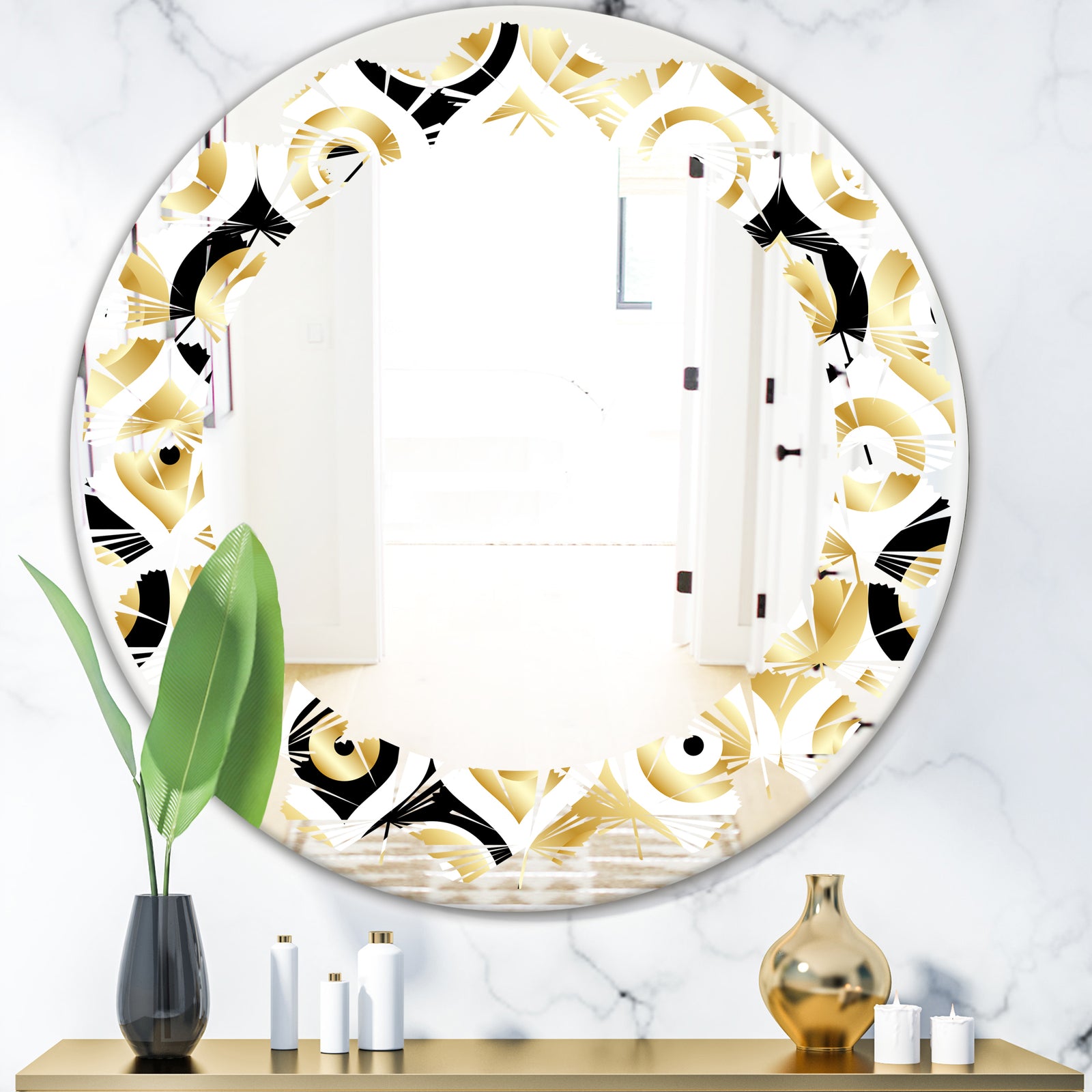 Golden Art Deco Metallic Luxury Geometrics - Modern Round or Oval Wall Mirror - Leaves
