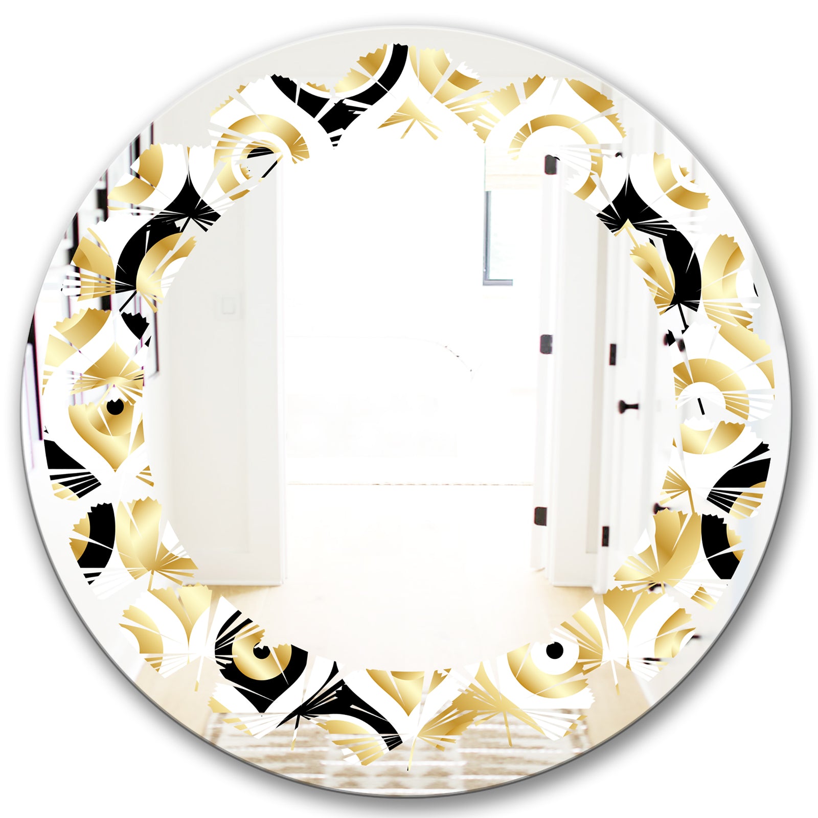 Golden Art Deco Metallic Luxury Geometrics - Modern Round or Oval Wall Mirror - Leaves