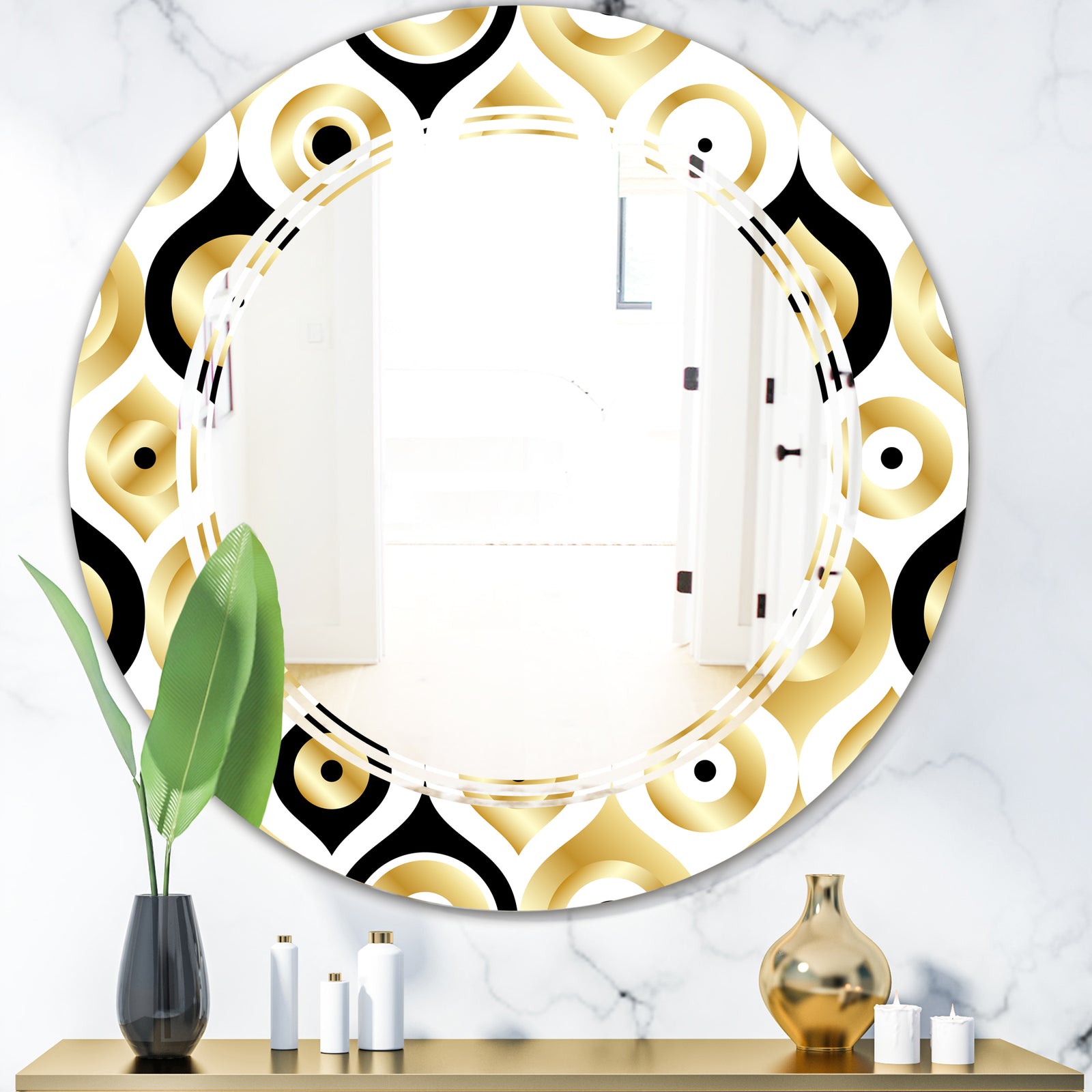 Golden Art Deco Metallic Luxury Geometrics - Modern Round or Oval Wall Mirror - Triple C