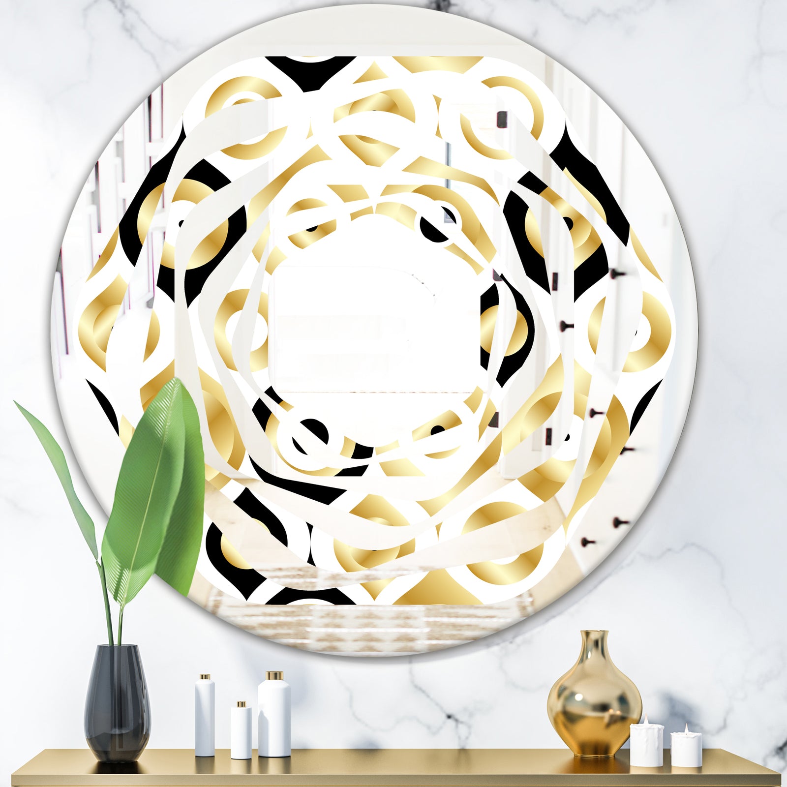 Golden Art Deco Metallic Luxury Geometrics - Modern Round or Oval Wall Mirror - Whirl