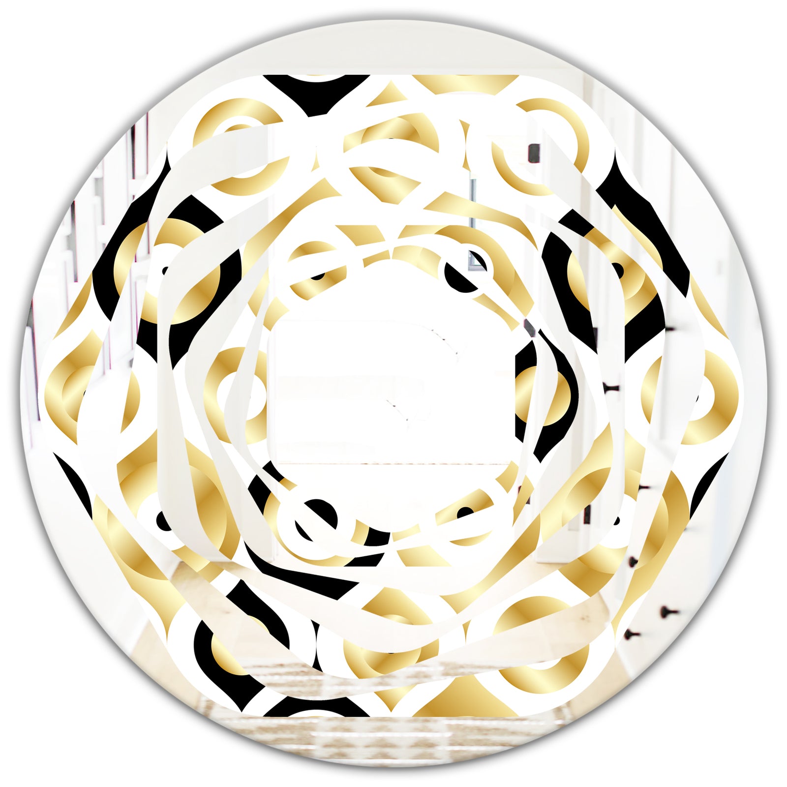 Golden Art Deco Metallic Luxury Geometrics - Modern Round or Oval Wall Mirror - Whirl