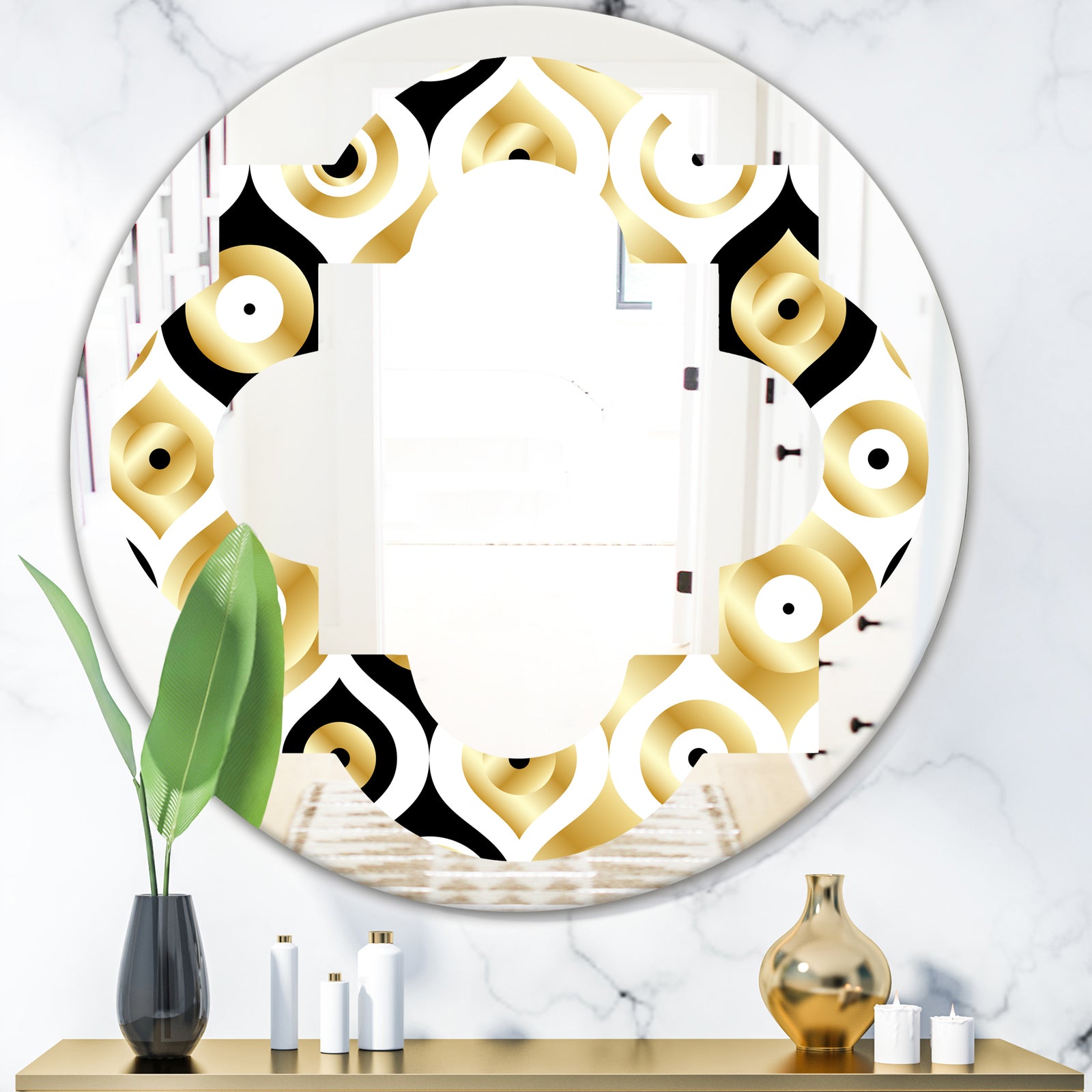 Golden Art Deco Metallic Luxury Geometrics - Modern Round or Oval Wall Mirror - Quatrefoil