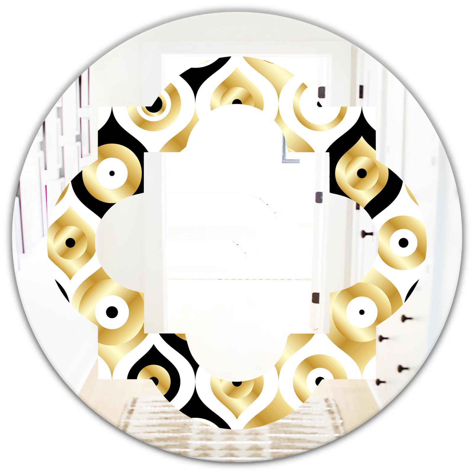 Golden Art Deco Metallic Luxury Geometrics - Modern Round or Oval Wall Mirror - Quatrefoil