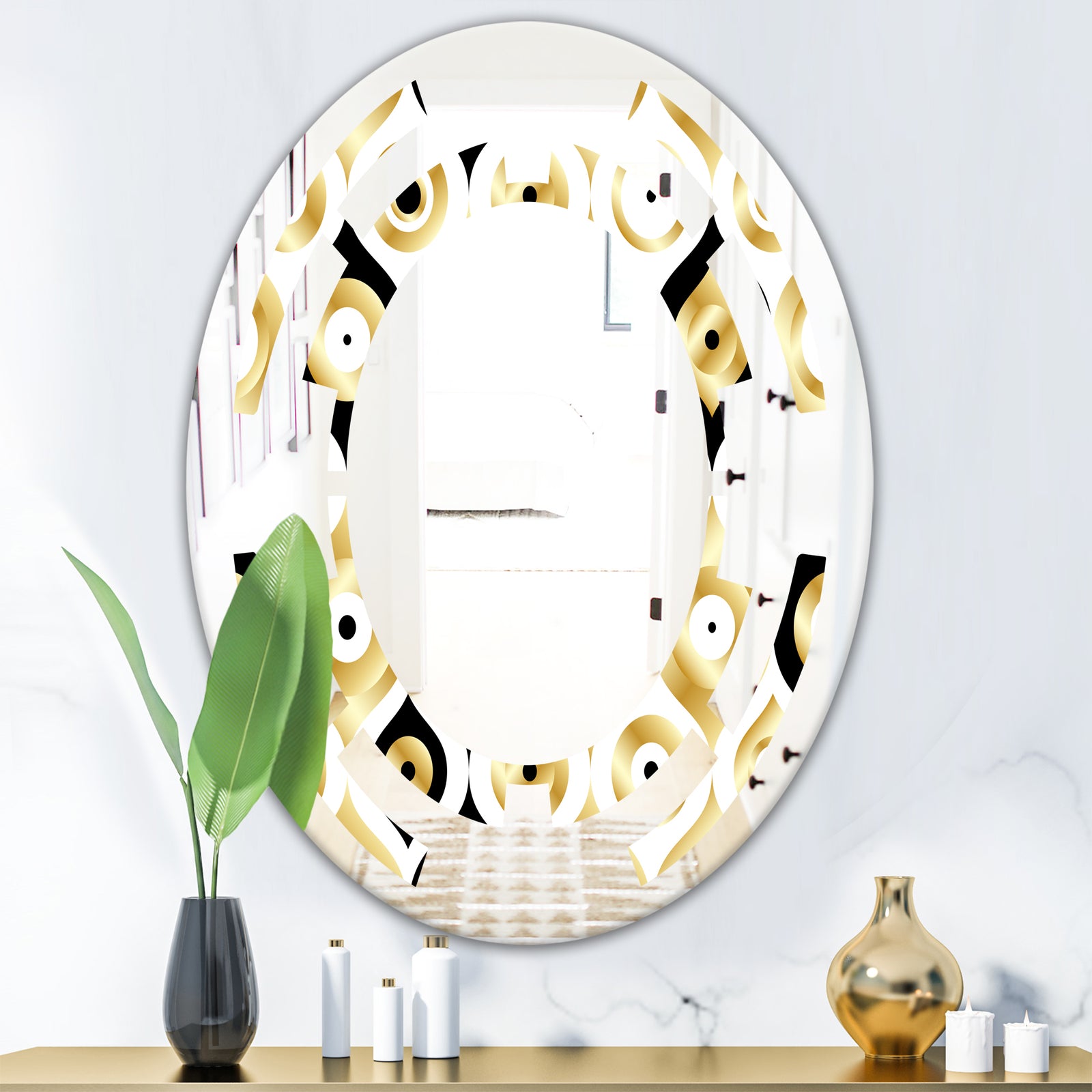 Golden Art Deco Metallic Luxury Geometrics - Modern Round or Oval Wall Mirror - Space