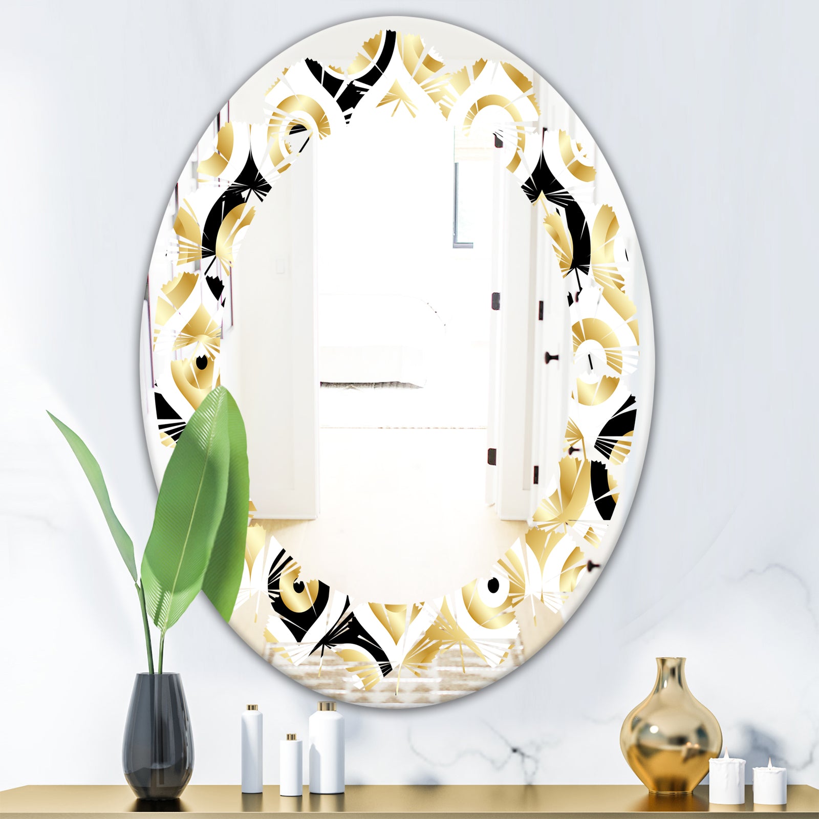Golden Art Deco Metallic Luxury Geometrics - Modern Round or Oval Wall Mirror - Leaves