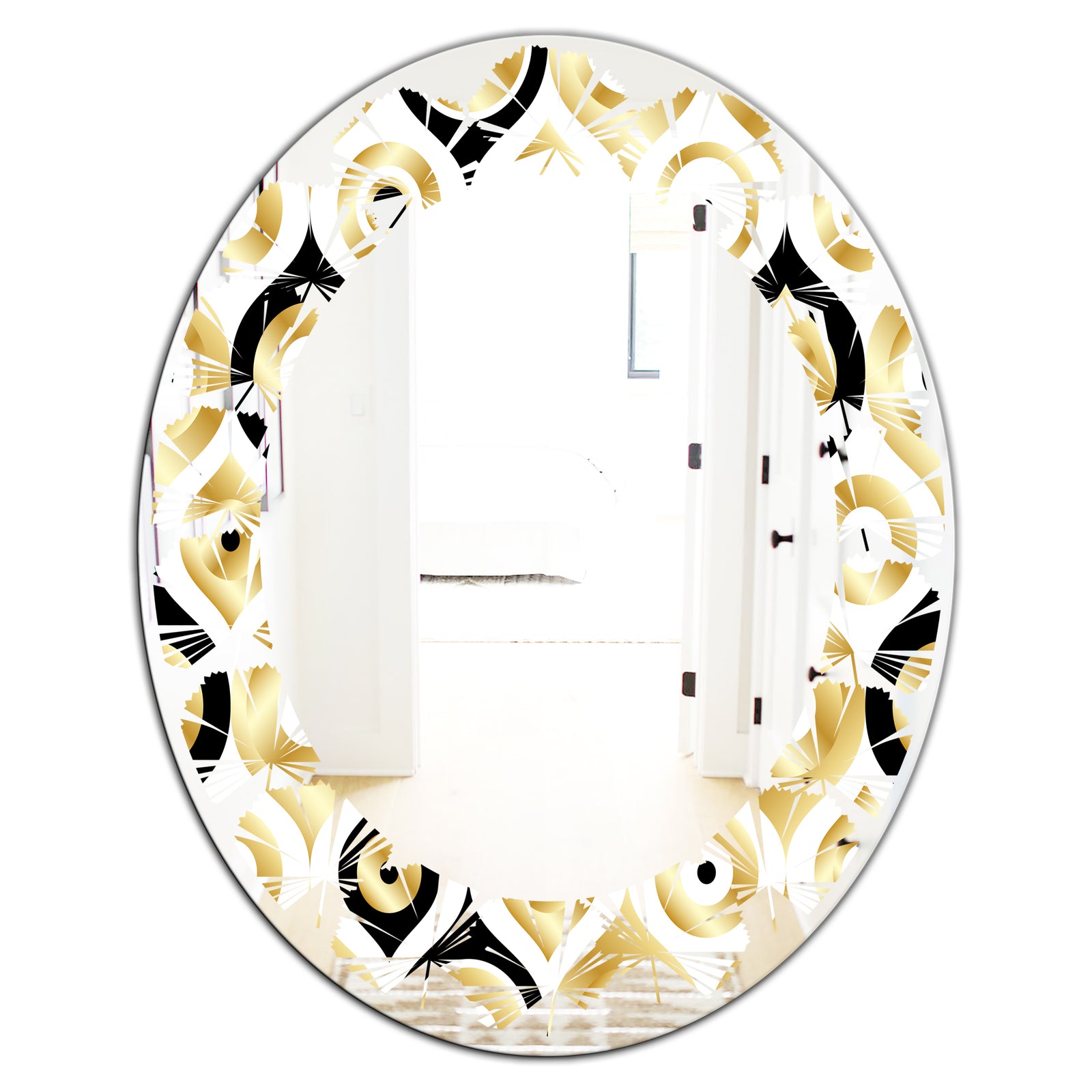 Golden Art Deco Metallic Luxury Geometrics - Modern Round or Oval Wall Mirror - Leaves