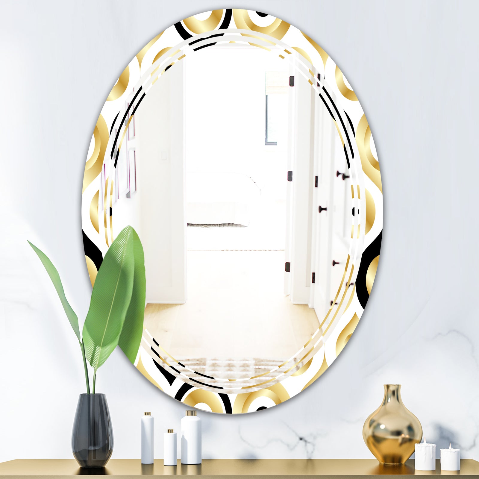 Golden Art Deco Metallic Luxury Geometrics - Modern Round or Oval Wall Mirror - Triple C