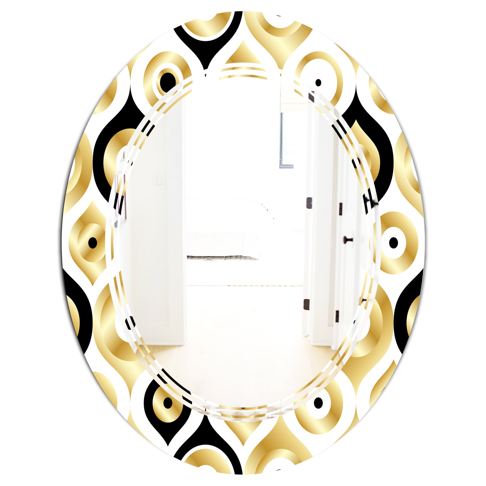 Golden Art Deco Metallic Luxury Geometrics - Modern Round or Oval Wall Mirror - Triple C