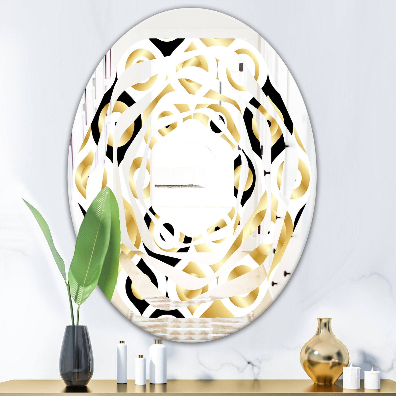 Golden Art Deco Metallic Luxury Geometrics - Modern Round or Oval Wall Mirror - Whirl
