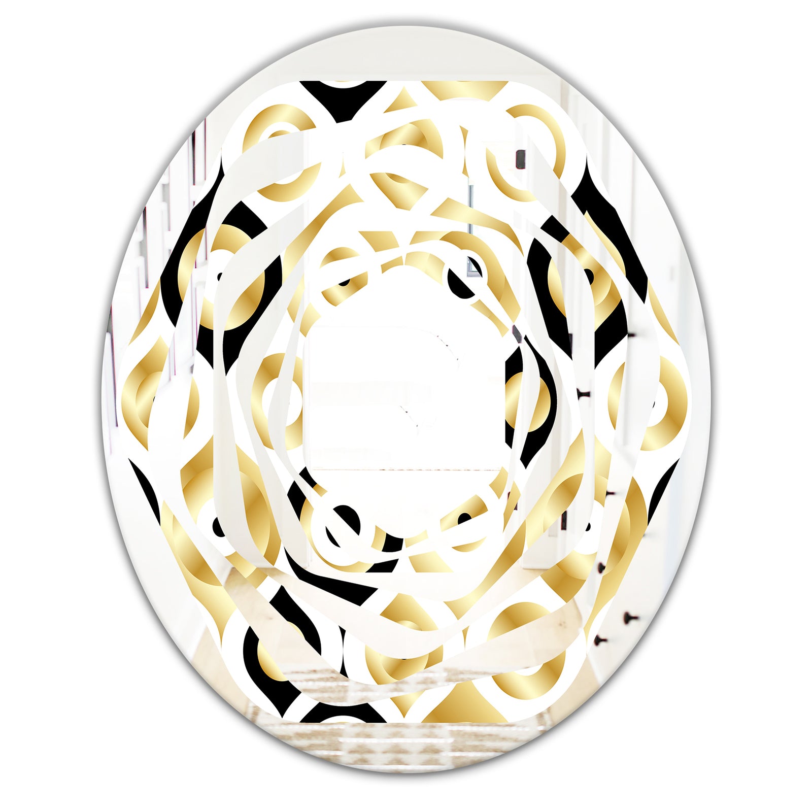 Golden Art Deco Metallic Luxury Geometrics - Modern Round or Oval Wall Mirror - Whirl