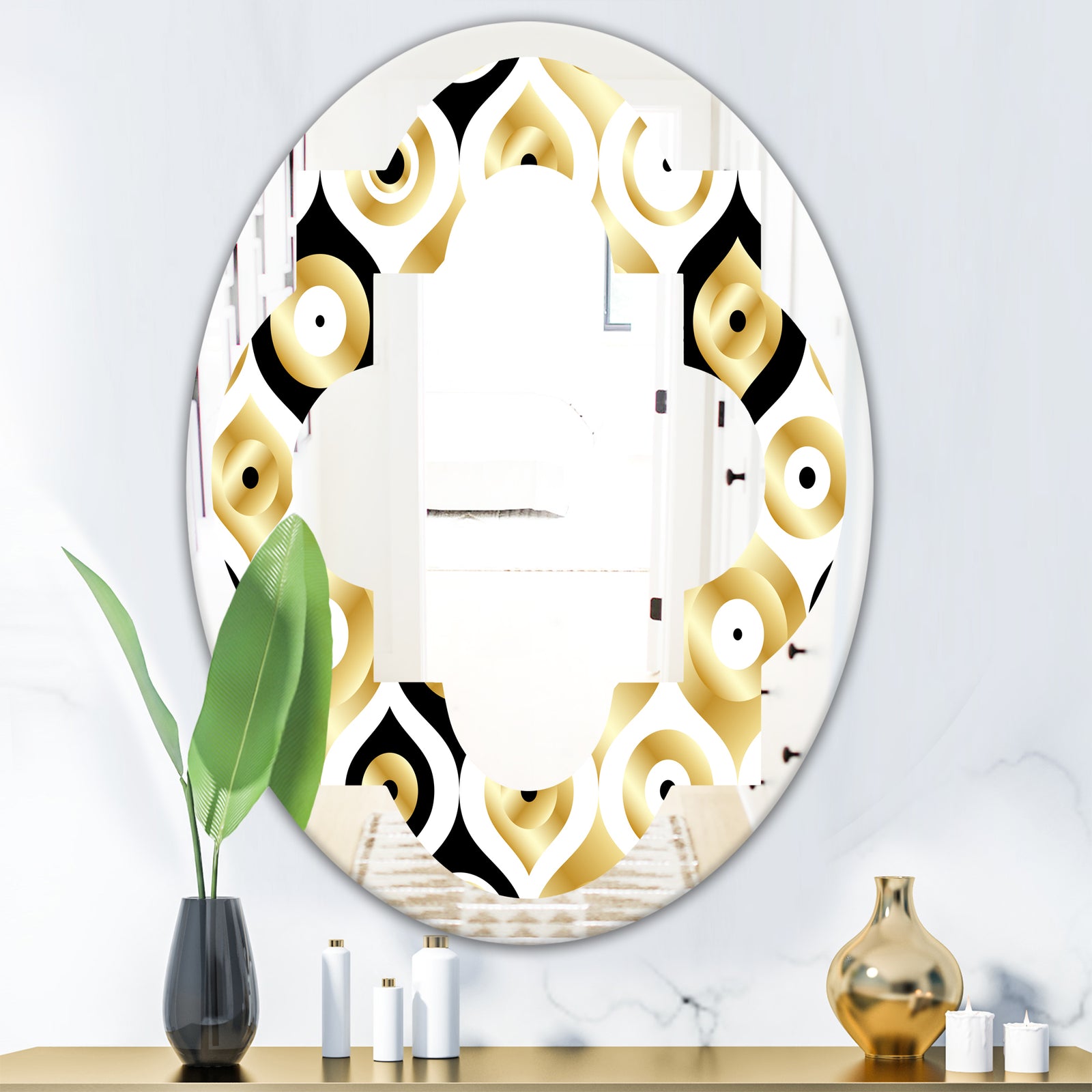 Golden Art Deco Metallic Luxury Geometrics - Modern Round or Oval Wall Mirror - Quatrefoil