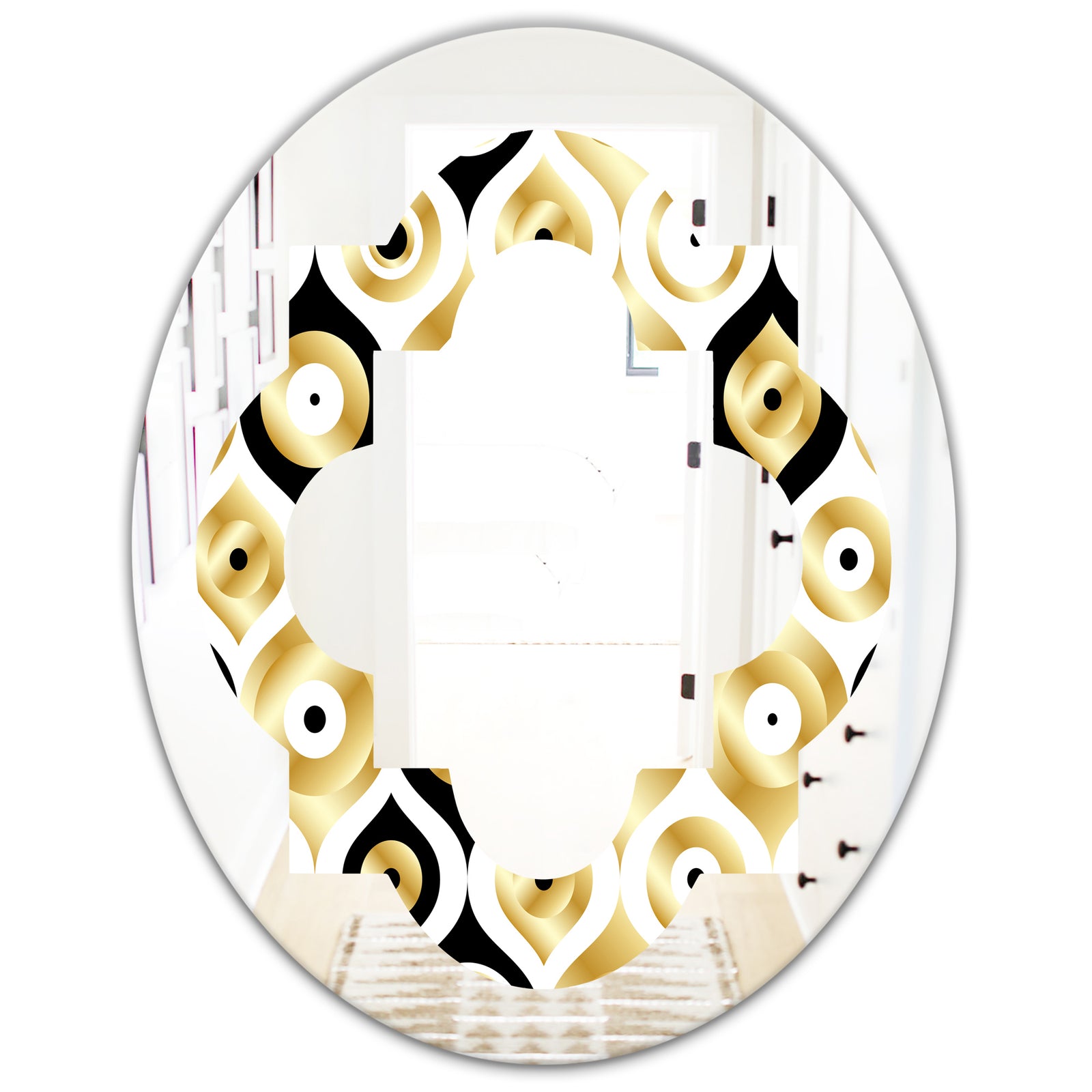 Golden Art Deco Metallic Luxury Geometrics - Modern Round or Oval Wall Mirror - Quatrefoil