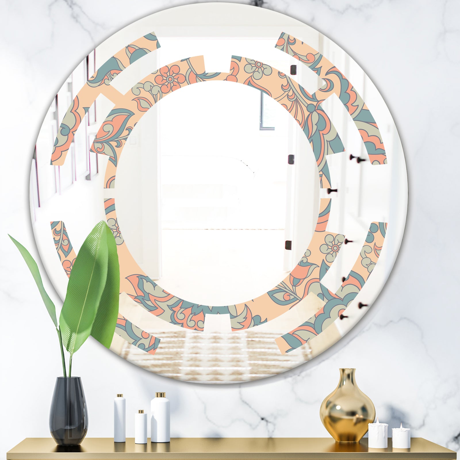 Retro Indian Floral Batik II - Modern Round or Oval Wall Mirror - Space