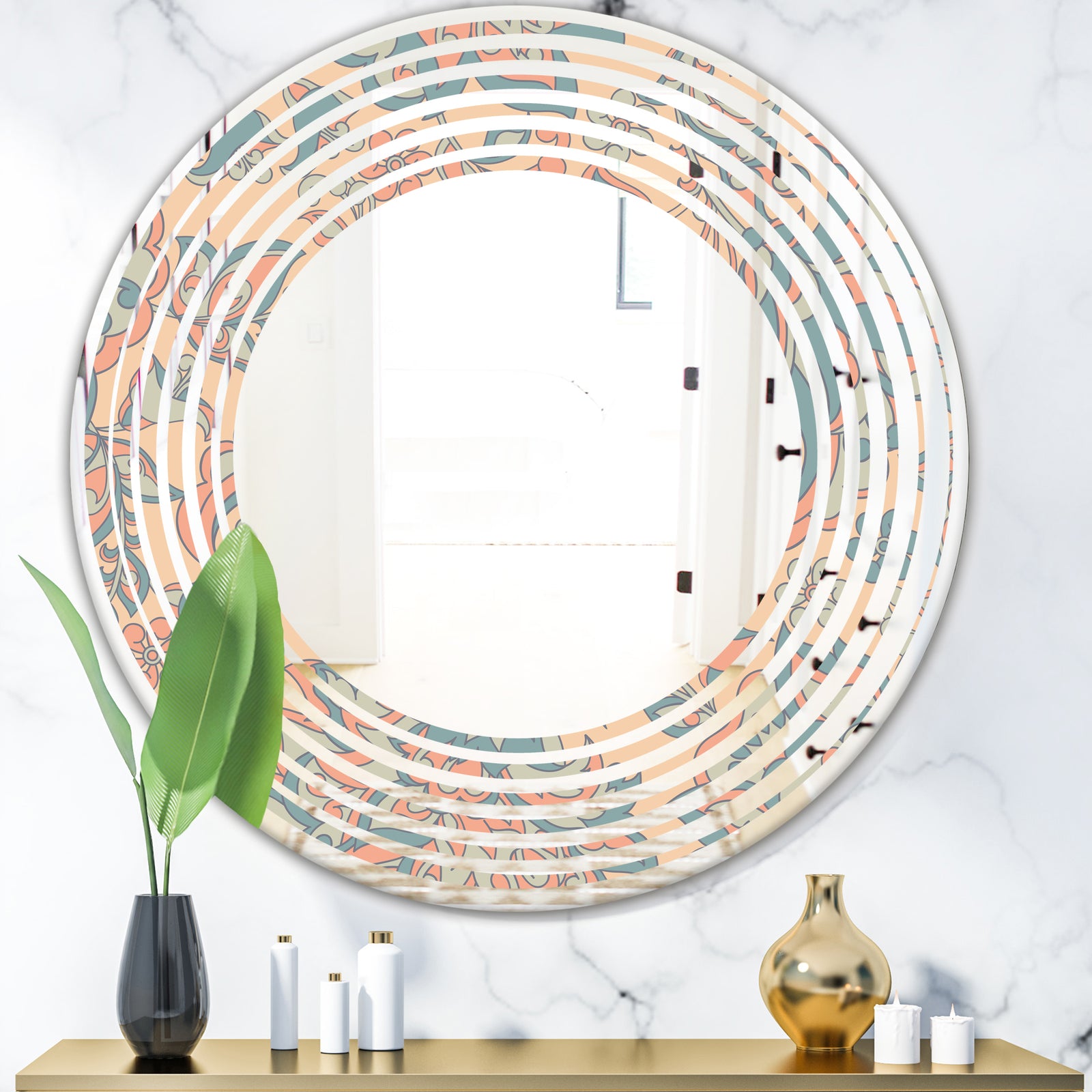 Retro Indian Floral Batik II - Modern Round or Oval Wall Mirror - Wave